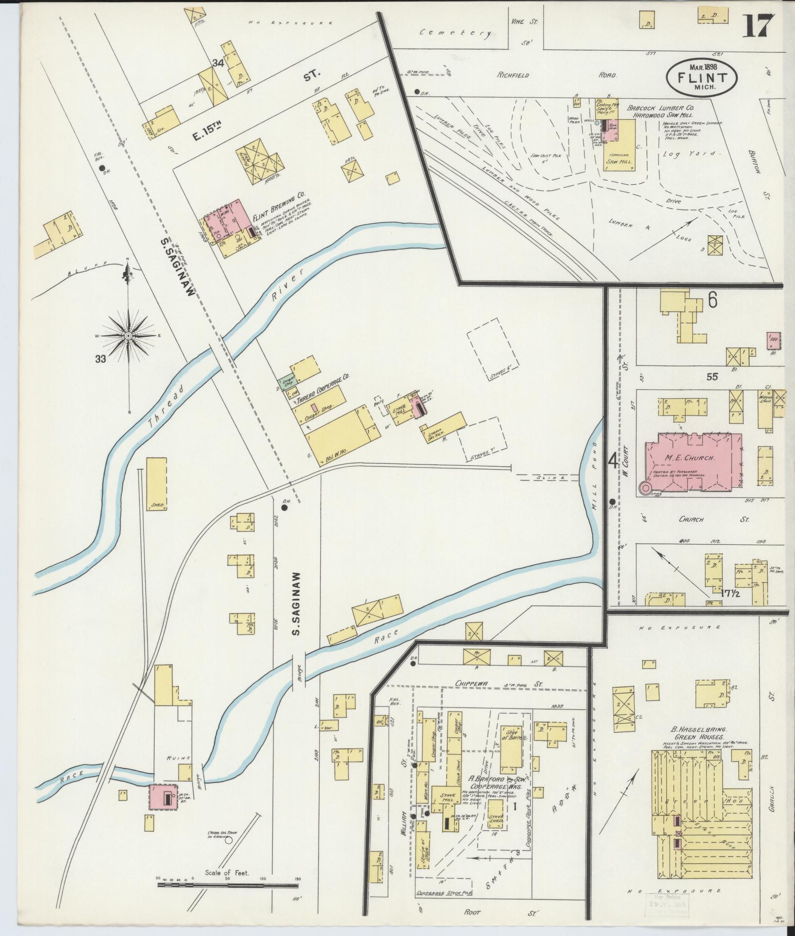 Sanborn Fire Insurance Map from Flint, Genesee County, Michigan (1898), Sheet #0017 - Historic Sanborn Fire Insurance Map Print, vintage old map wall art, antique decor, genealogy gift, Michigan Michigan map
