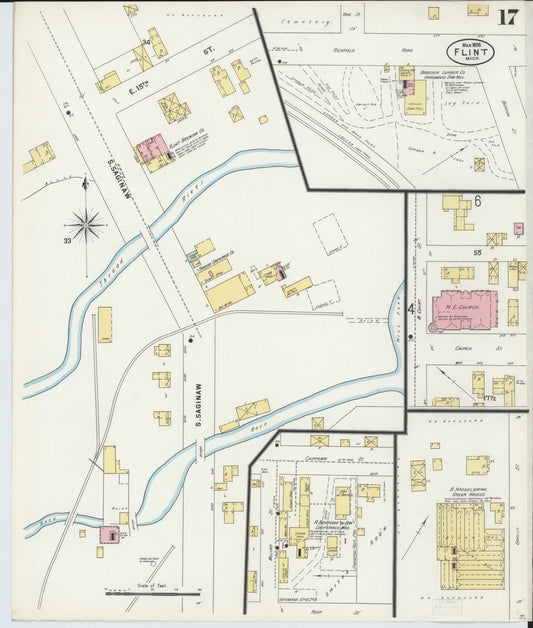 Sanborn Fire Insurance Map from Flint, Genesee County, Michigan (1898), Sheet #0017 - Historic Sanborn Fire Insurance Map Print, vintage old map wall art, antique decor, genealogy gift, Michigan Michigan map