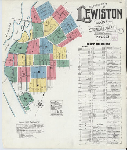 Sanborn Fire Insurance Map from Lewiston, Androscoggin County, Maine (1902), Sheet #0001 - Complete Map Set gallery image, historic Sanborn map, vintage wall art, Maine Maine