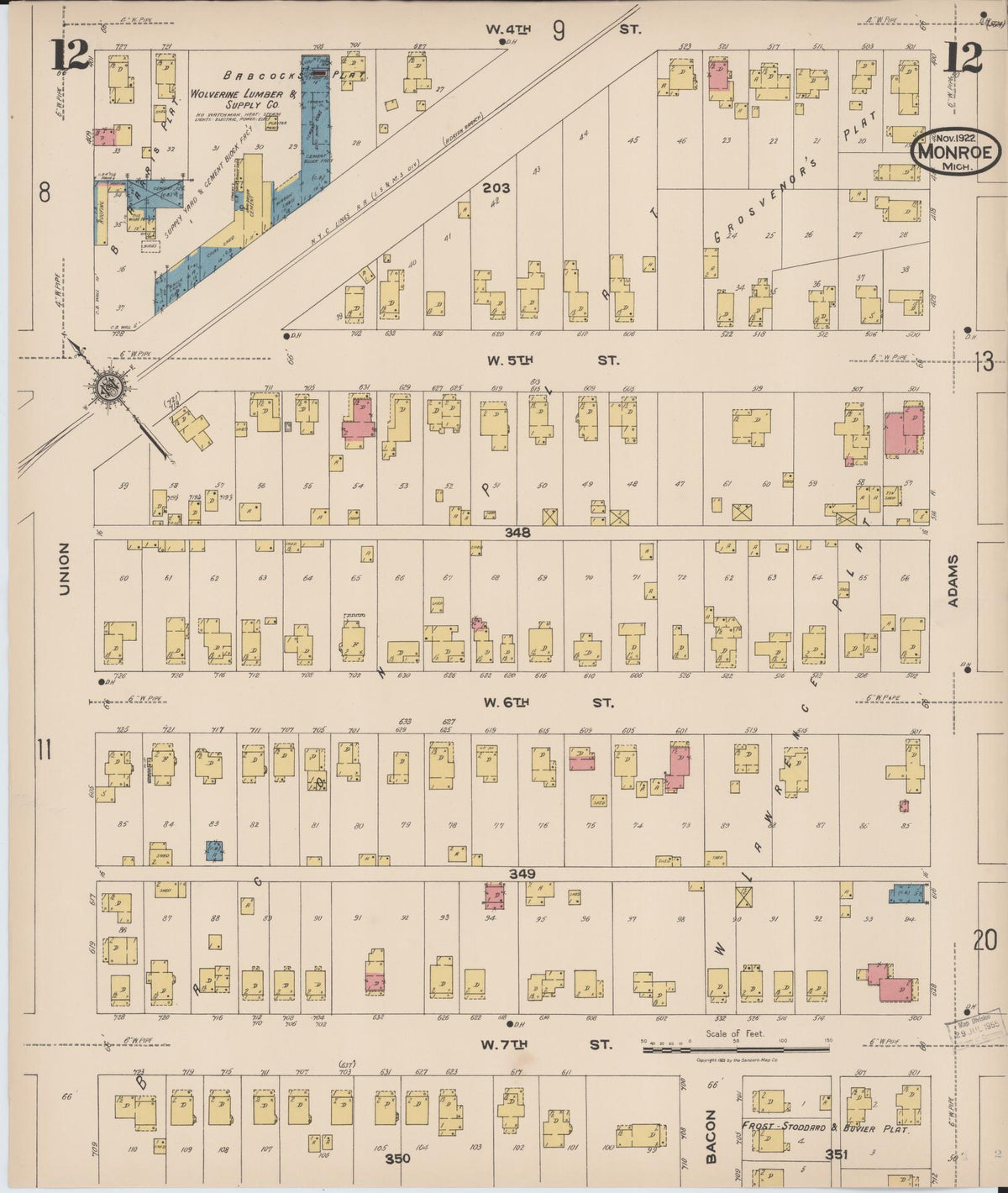 Sanborn Fire Insurance Map from Monroe, Monroe County, Michigan (1922), Sheet #0012 - Historic Sanborn Fire Insurance Map Print, vintage old map wall art, antique decor, genealogy gift, Michigan Michigan map