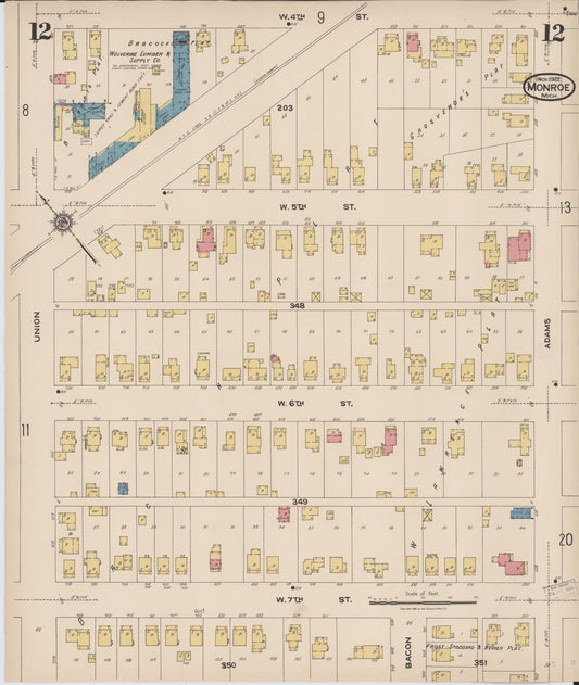 Sanborn Fire Insurance Map from Monroe, Monroe County, Michigan (1922), Sheet #0012 - Historic Sanborn Fire Insurance Map Print, vintage old map wall art, antique decor, genealogy gift, Michigan Michigan map
