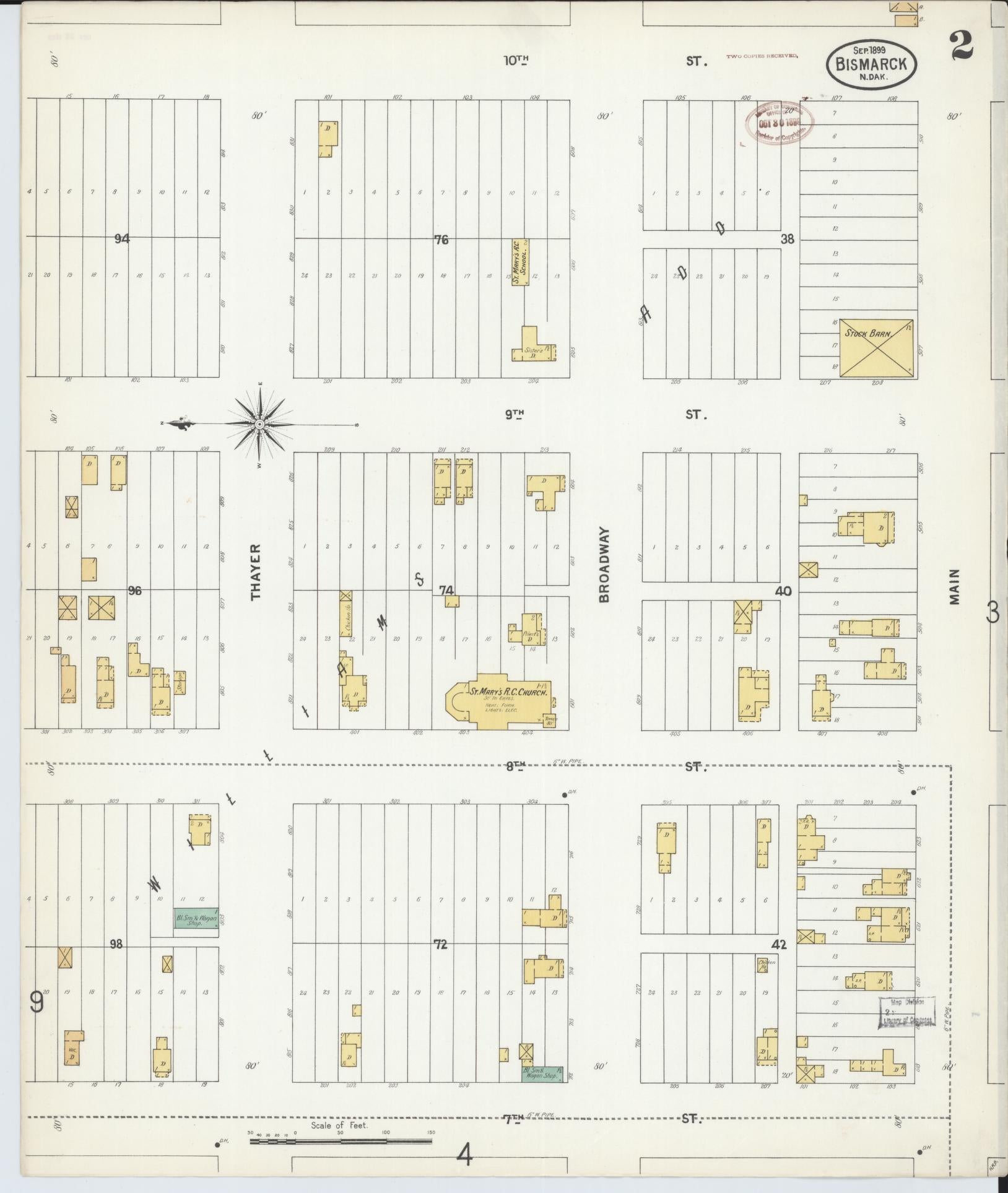 Sanborn Fire Insurance Map from Bismarck, Burleigh County, North Dakota (1899), Sheet #0002 - Complete Map Set gallery image, historic Sanborn map, vintage wall art, North Dakota North Dakota