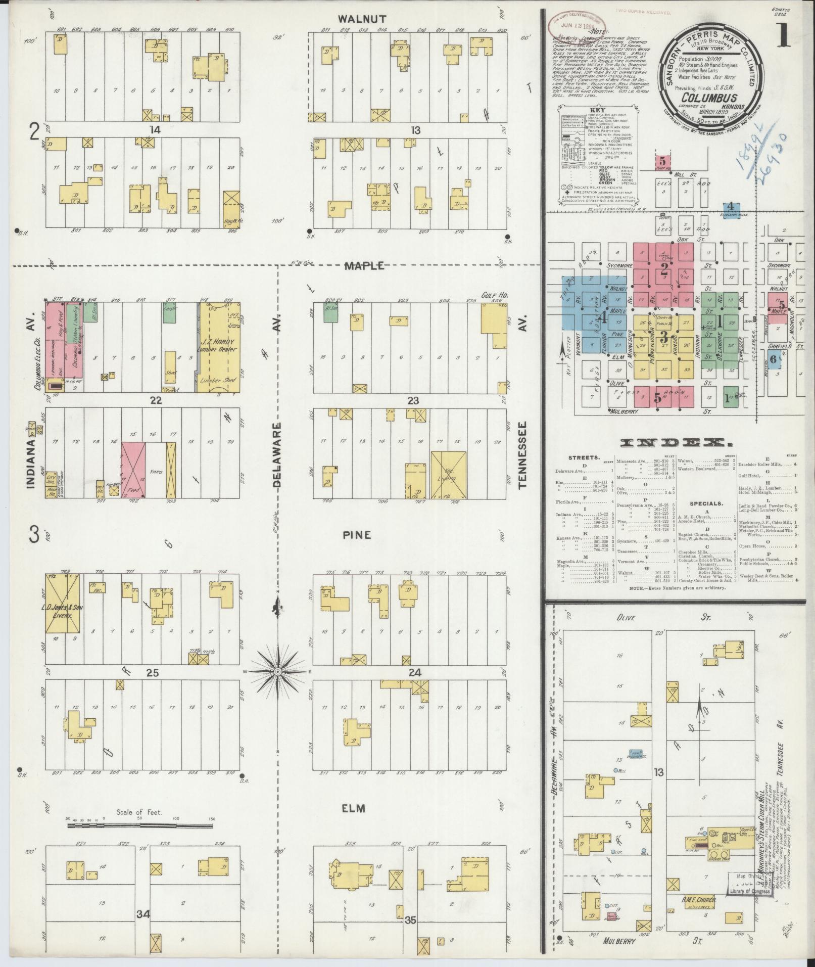 Sanborn Fire Insurance Map from Columbus, Cherokee County, Kansas (1899), Sheet #0001 - Complete Map Set gallery image, historic Sanborn map, vintage wall art, Kansas Kansas