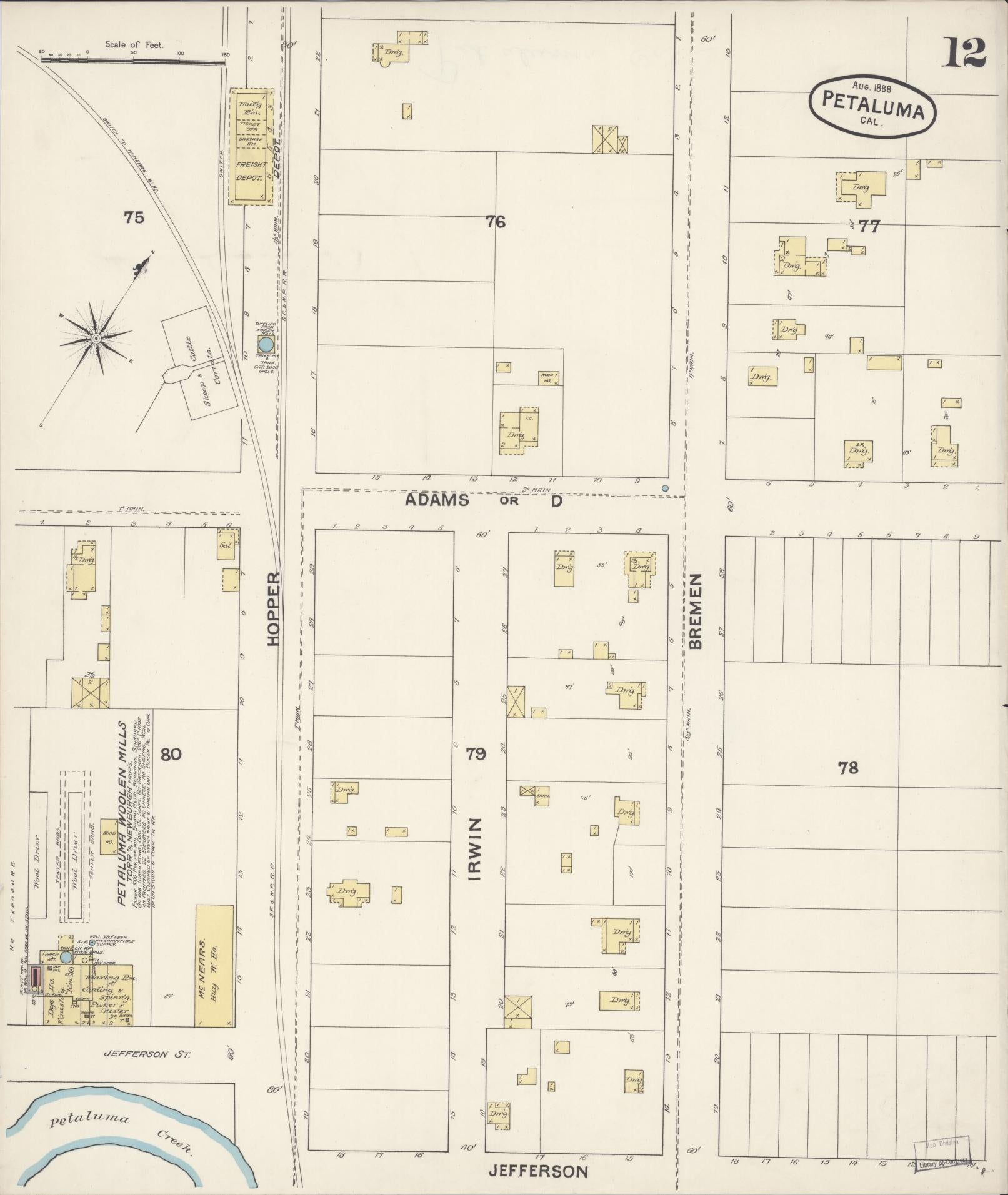 Sanborn Fire Insurance Map from Petaluma, Sonoma County, California (1888), Sheet #0012 - Complete Map Set gallery image, historic Sanborn map, vintage wall art, California California