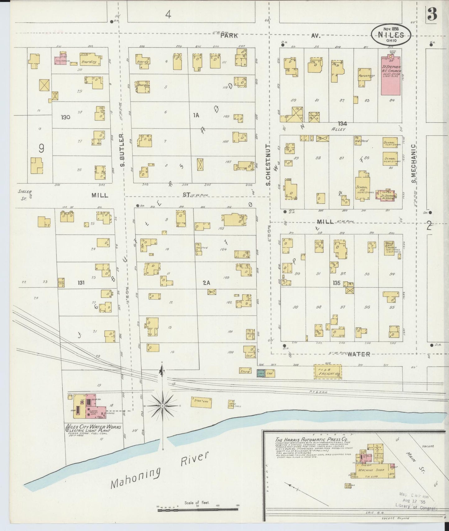 Sanborn Fire Insurance Map from Niles, Trumbull County, Ohio (1898), Sheet #0003 - Historic Sanborn Fire Insurance Map Print, vintage old map wall art, antique decor, genealogy gift, Ohio Ohio map