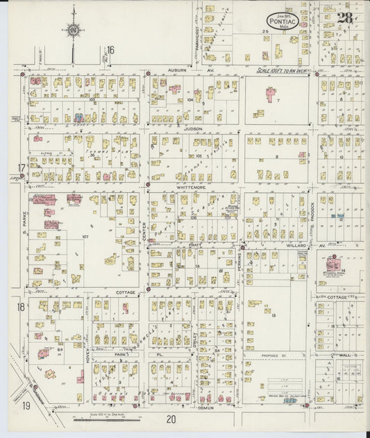 Sanborn Fire Insurance Map from Pontiac, Oakland County, Michigan (1915), Sheet #0028 - Historic Sanborn Fire Insurance Map Print, vintage old map wall art, antique decor, genealogy gift, Michigan Michigan map