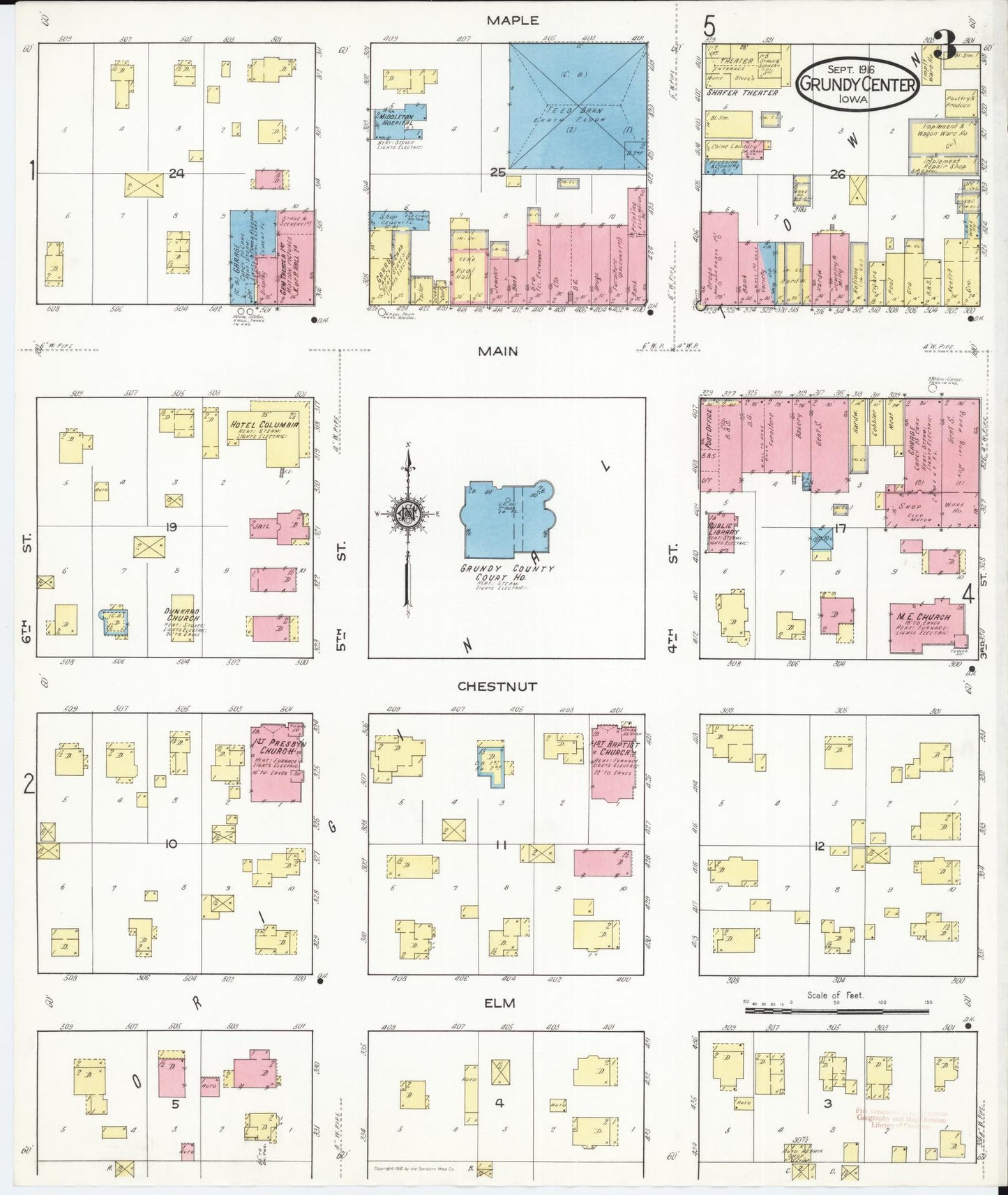 Sanborn Fire Insurance Map from Grundy Center, Grundy County, Iowa (1916), Sheet #0003 - Historic Sanborn Fire Insurance Map Print, vintage old map wall art