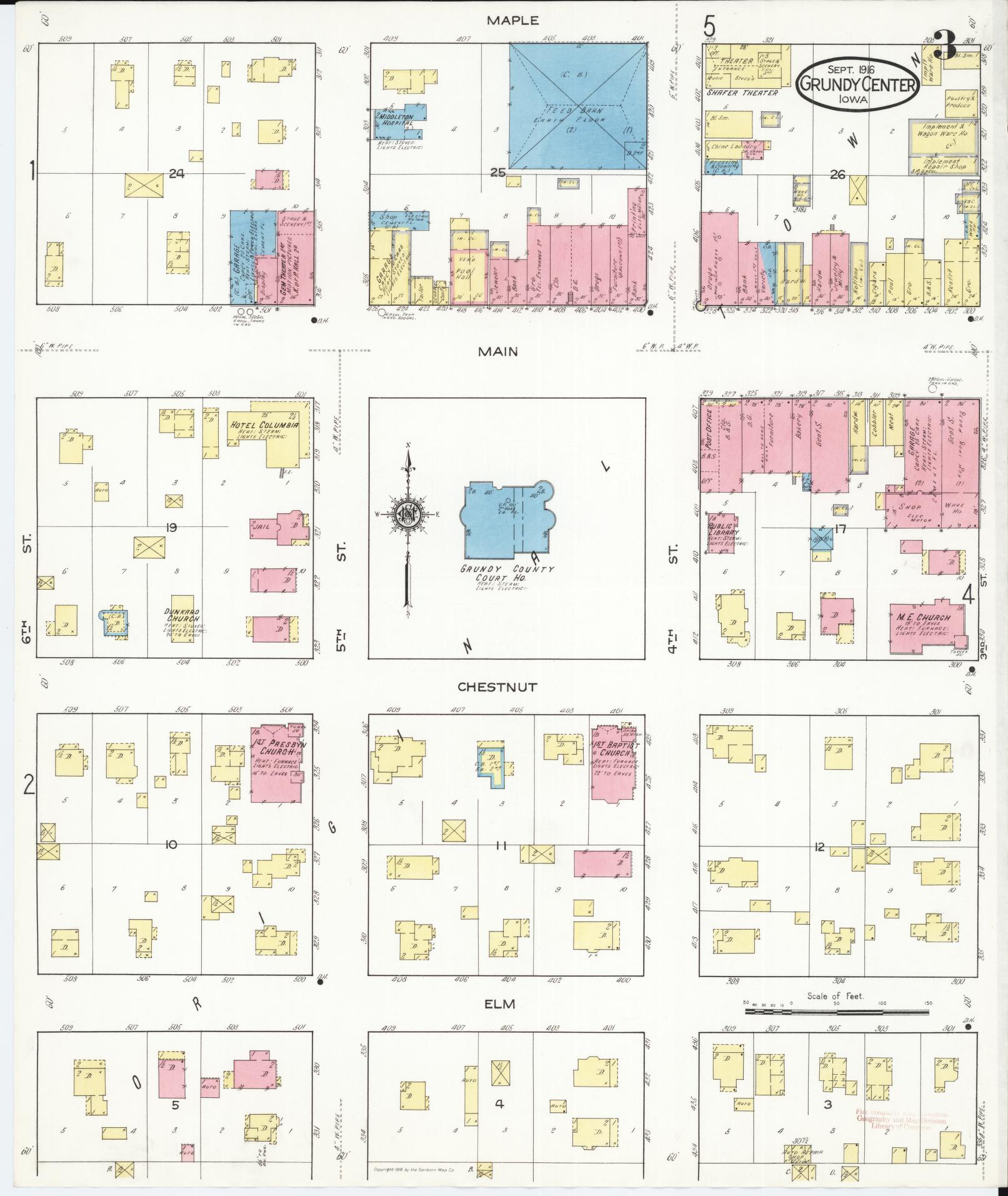 Sanborn Fire Insurance Map from Grundy Center, Grundy County, Iowa (1916), Sheet #0003 - Historic Sanborn Fire Insurance Map Print, vintage old map wall art
