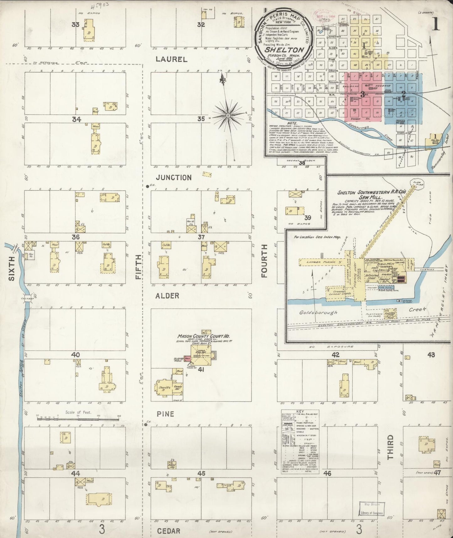 Sanborn Fire Insurance Map from Shelton, Mason County, Washington (1896), Sheet #0001 - Complete Map Set gallery image, historic Sanborn map, vintage wall art, Washington Washington