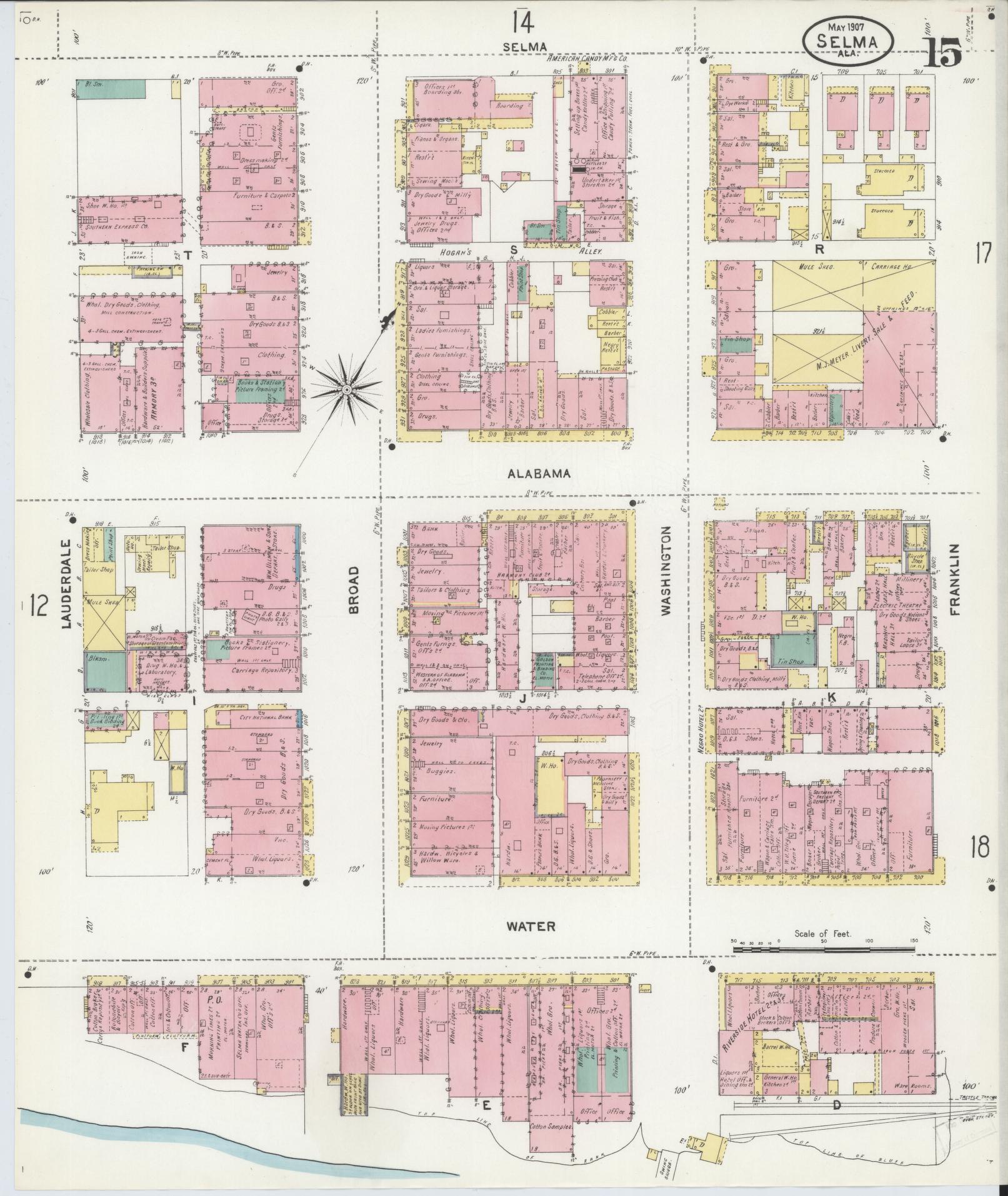 Sanborn Fire Insurance Map from Selma, Dallas County, Alabama (1907), Sheet #0015 - Historic Sanborn Fire Insurance Map Print, vintage old map wall art, antique decor, genealogy gift, Alabama Alabama map