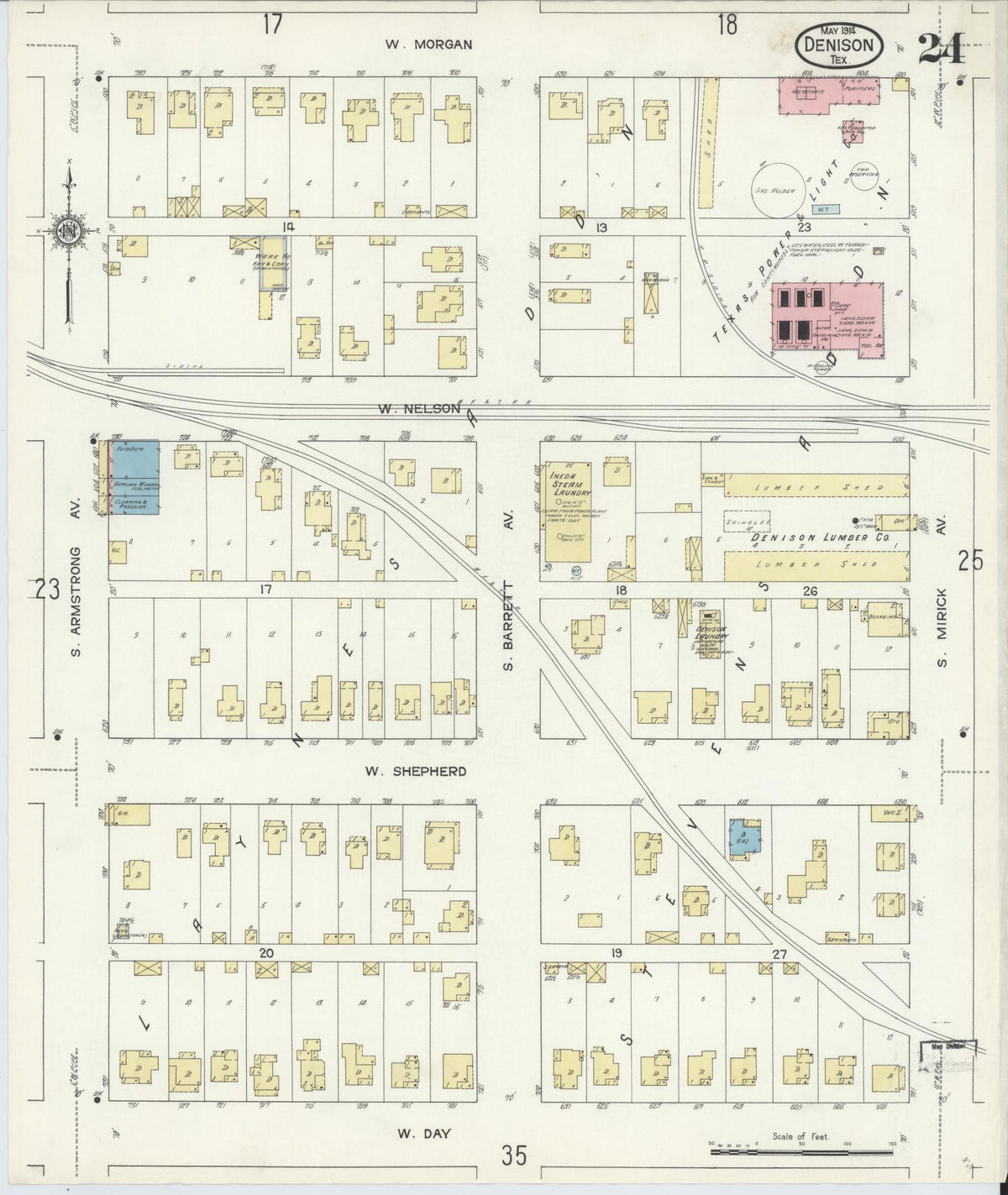 Sanborn Fire Insurance Map from Denison, Grayson County, Texas (1914), Sheet #0024 - Complete Map Set gallery image, historic Sanborn map, vintage wall art, Texas Texas