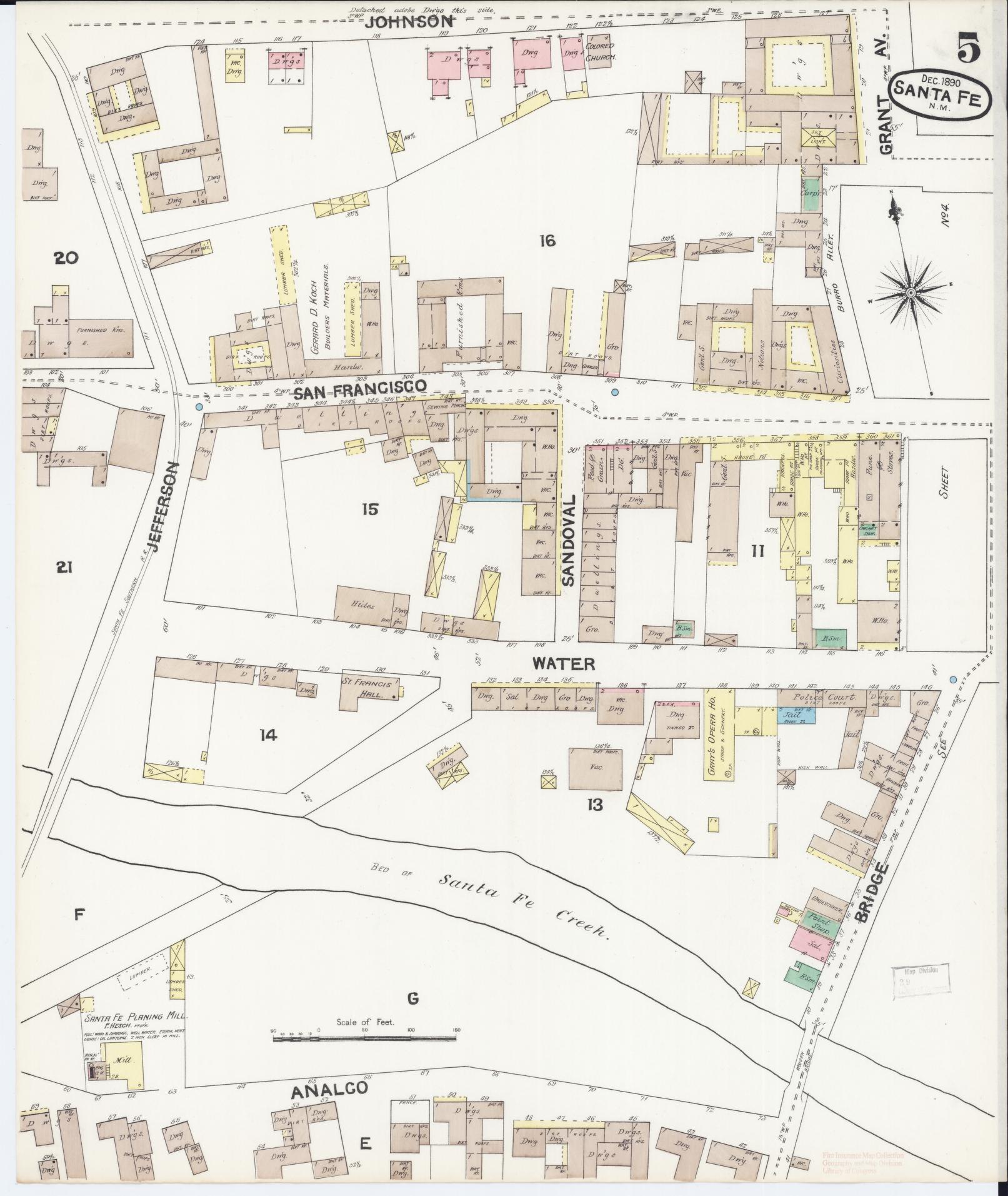 Sanborn Fire Insurance Map from Santa Fe, Santa Fe County, New Mexico (1890), Sheet #0005 - Complete Map Set gallery image, historic Sanborn map, vintage wall art, New Mexico New Mexico