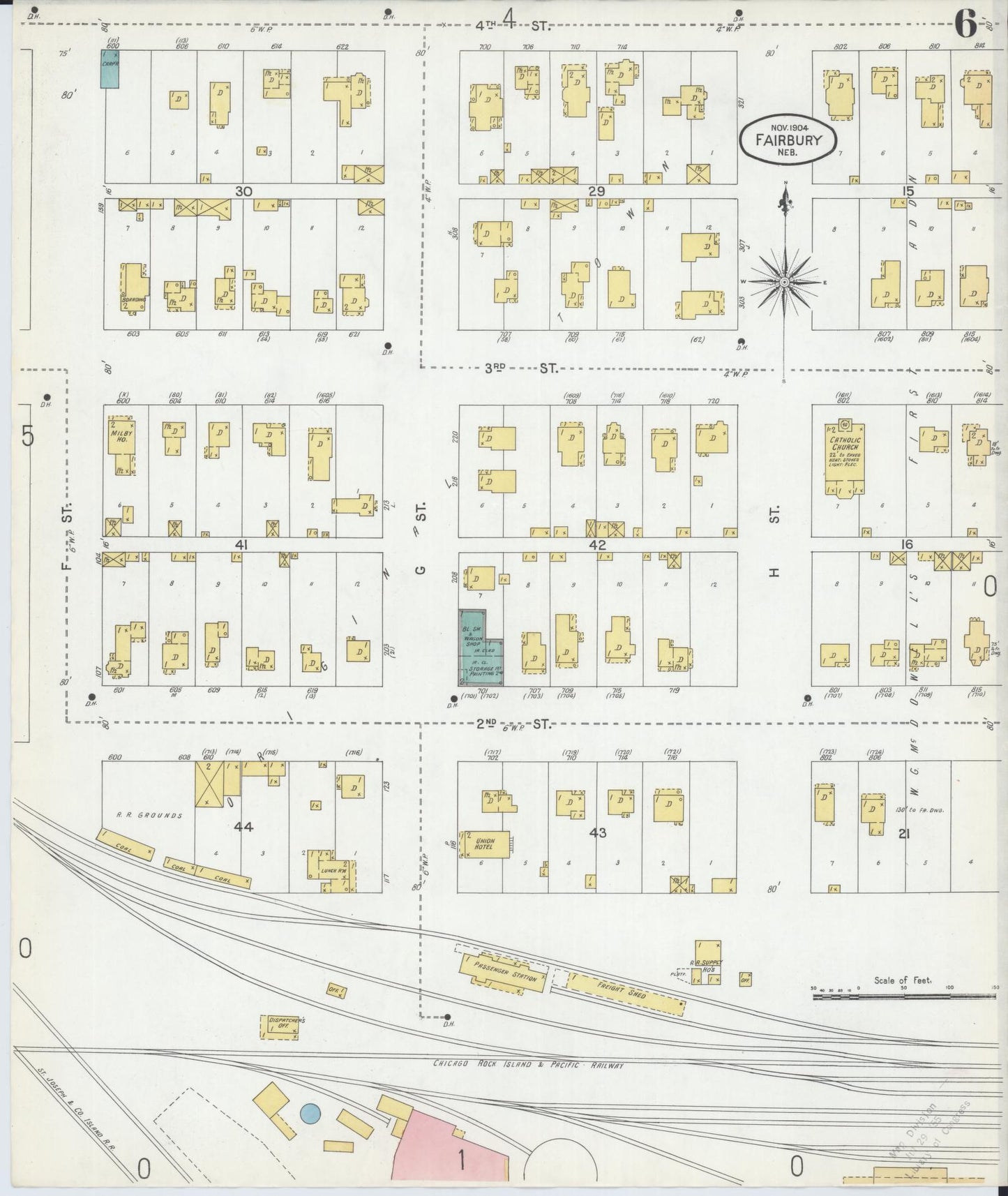Sanborn Fire Insurance Map from Fairbury, Jefferson County, Nebraska (1904), Sheet #0006 - Historic Sanborn Fire Insurance Map Print, vintage old map wall art, antique decor, genealogy gift, Nebraska Nebraska map