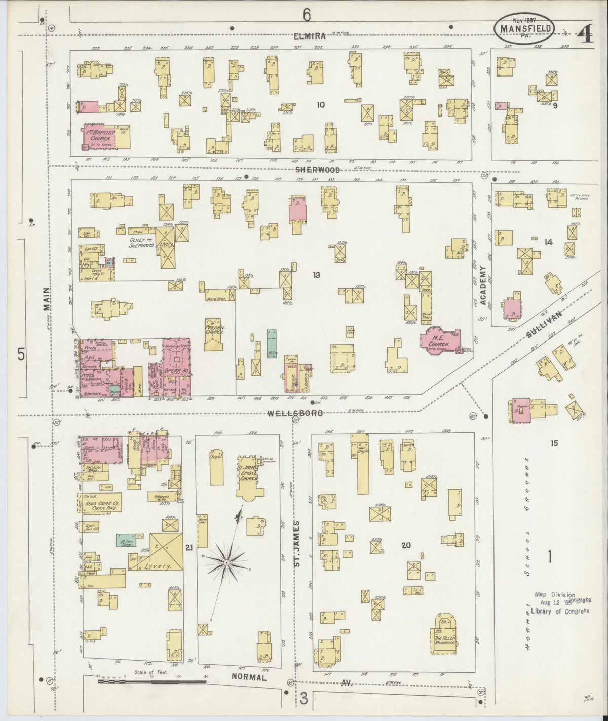 Sanborn Fire Insurance Map from Mansfield, Tioga County, Pennsylvania (1897), Sheet #0004 - Historic Sanborn Fire Insurance Map Print, vintage old map wall art, antique decor, genealogy gift, Pennsylvania Pennsylvania map