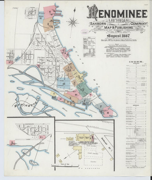 Sanborn Fire Insurance Map from Menominee, Menominee County, Michigan (1887), Sheet #0001 - Historic Sanborn Fire Insurance Map Print, vintage old map wall art, antique decor, genealogy gift, Michigan Michigan map