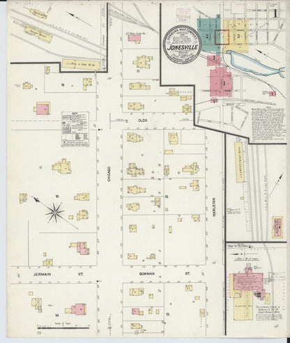 Sanborn Fire Insurance Map from Jonesville, Hillsdale County, Michigan (1907), Sheet #0001 - Historic Sanborn Fire Insurance Map Print, vintage old map wall art, antique decor, genealogy gift, Michigan Michigan map