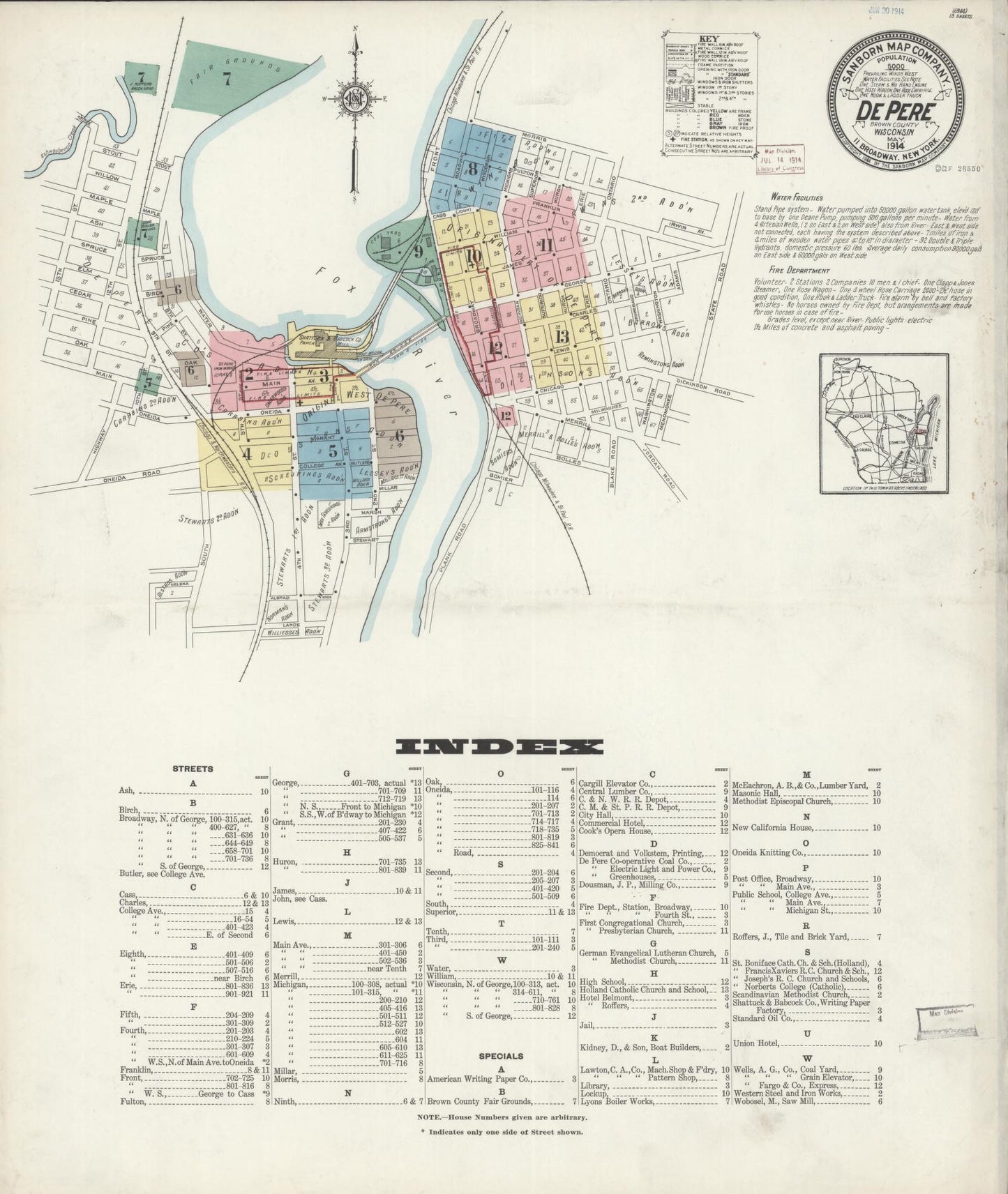 Sanborn Fire Insurance Map from De Pere, Brown County, Wisconsin (1914), Sheet #0001 - Historic Sanborn Fire Insurance Map Print, vintage old map wall art, antique decor, genealogy gift, Wisconsin Wisconsin map