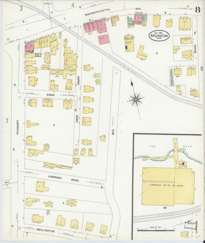 Sanborn Fire Insurance Map from Arlington, Middlesex County, Massachusetts (1908), Sheet #0008 - Historic Sanborn Fire Insurance Map Print, vintage old map wall art, antique decor, genealogy gift, Massachusetts Massachusetts map