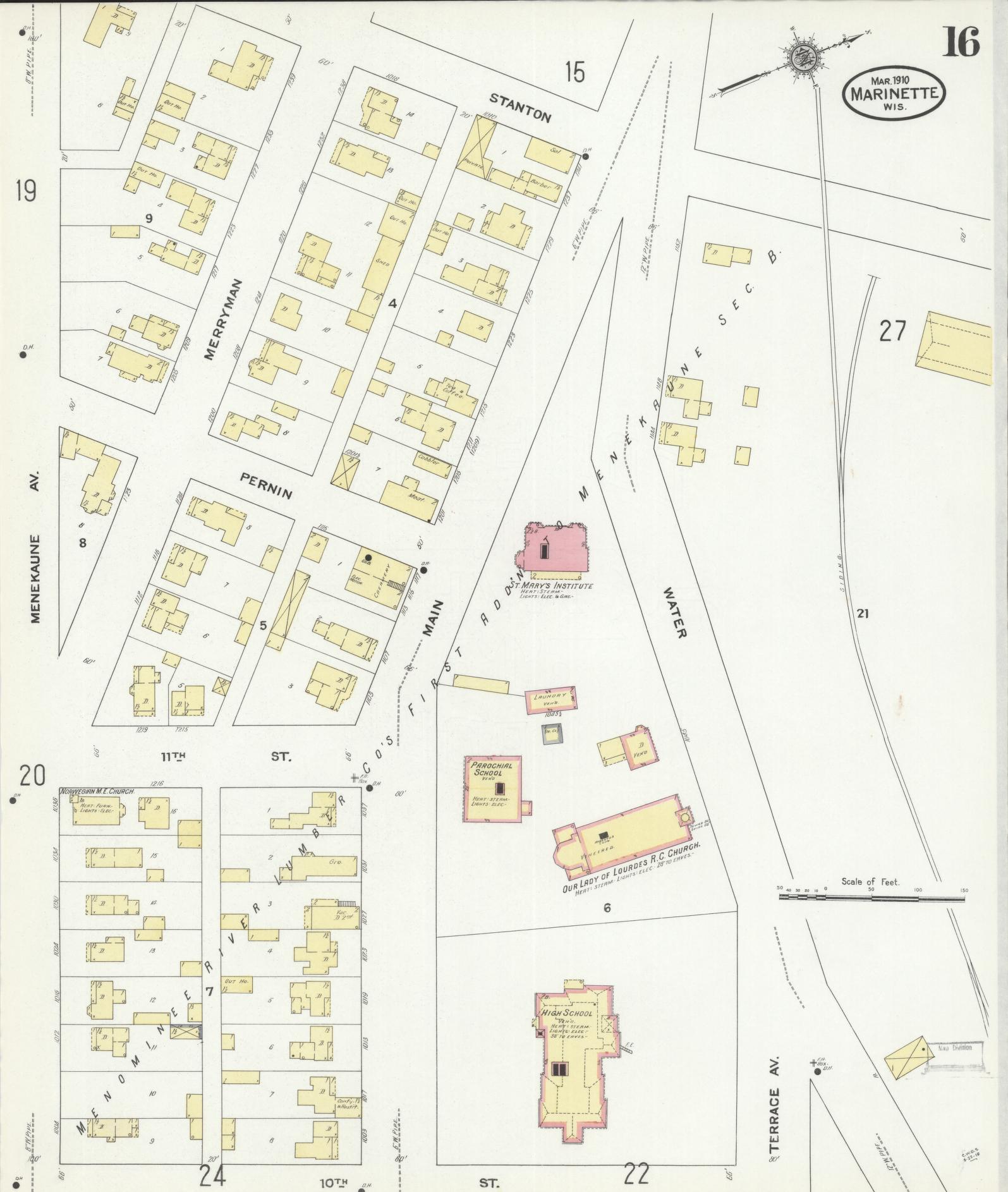 Sanborn Fire Insurance Map from Marinette, Marinette County, Wisconsin (1910), Sheet #0016 - Historic Sanborn Fire Insurance Map Print, vintage old map wall art, antique decor, genealogy gift, Wisconsin Wisconsin map