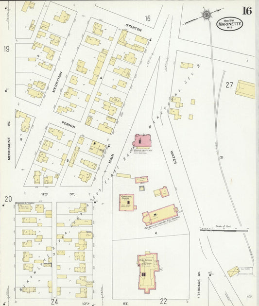 Sanborn Fire Insurance Map from Marinette, Marinette County, Wisconsin (1910), Sheet #0016 - Historic Sanborn Fire Insurance Map Print, vintage old map wall art, antique decor, genealogy gift, Wisconsin Wisconsin map