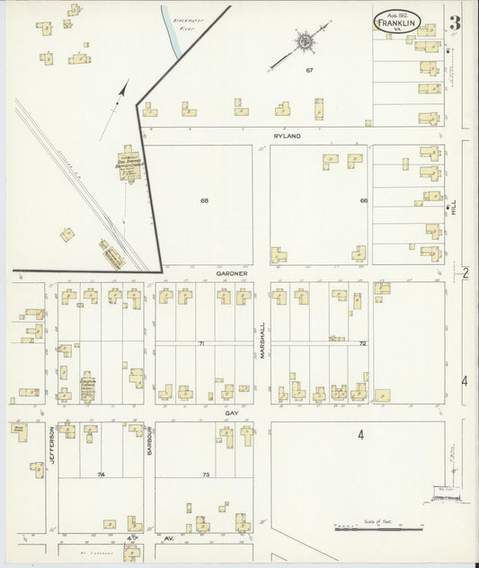 Sanborn Fire Insurance Map from Franklin, Independent Cities, Virginia (1912), Sheet #0003 - Historic Sanborn Fire Insurance Map Print, vintage old map wall art, antique decor, genealogy gift, Virginia Virginia map