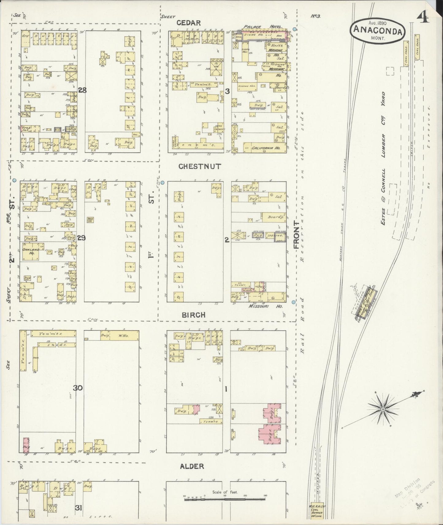 Sanborn Fire Insurance Map from Anaconda, Deer Lodge County, Montana (1890), Sheet #0004 - Historic Sanborn Fire Insurance Map Print, vintage old map wall art, antique decor, genealogy gift, Montana Montana map