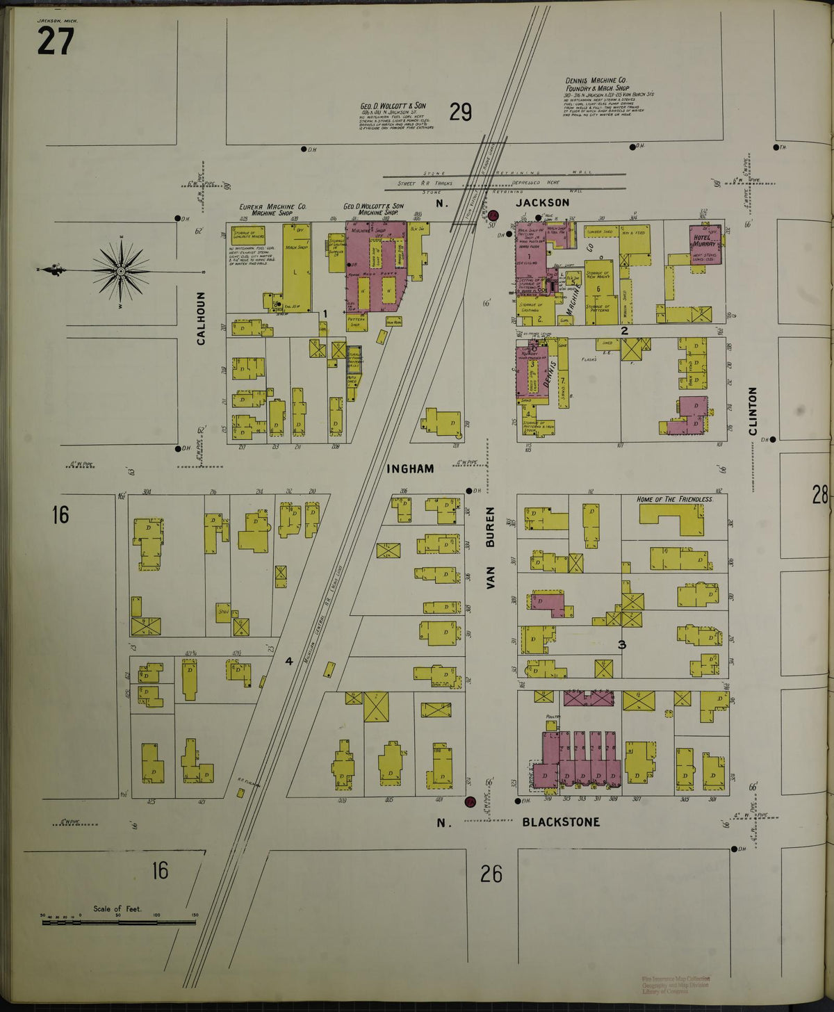 Sanborn Fire Insurance Map from Jackson, Jackson County, Michigan (1907), Sheet #0027 - Historic Sanborn Fire Insurance Map Print, vintage old map wall art, antique decor, genealogy gift, Michigan Michigan map