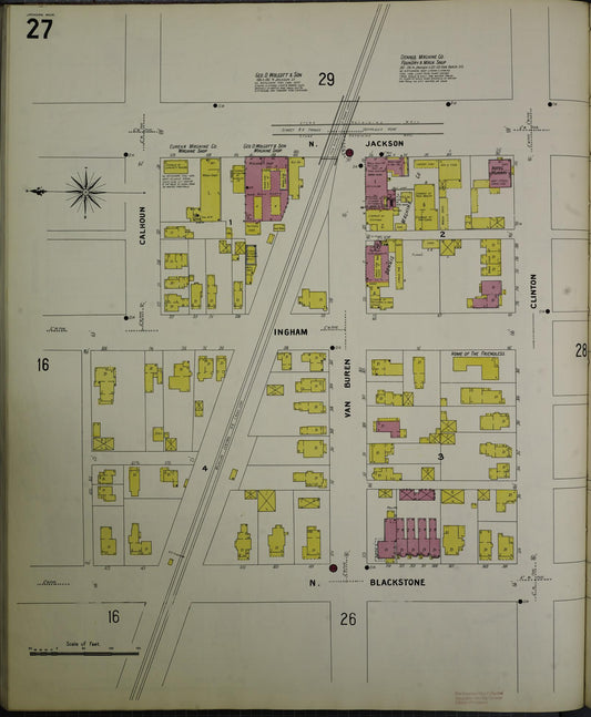Sanborn Fire Insurance Map from Jackson, Jackson County, Michigan (1907), Sheet #0027 - Historic Sanborn Fire Insurance Map Print, vintage old map wall art, antique decor, genealogy gift, Michigan Michigan map