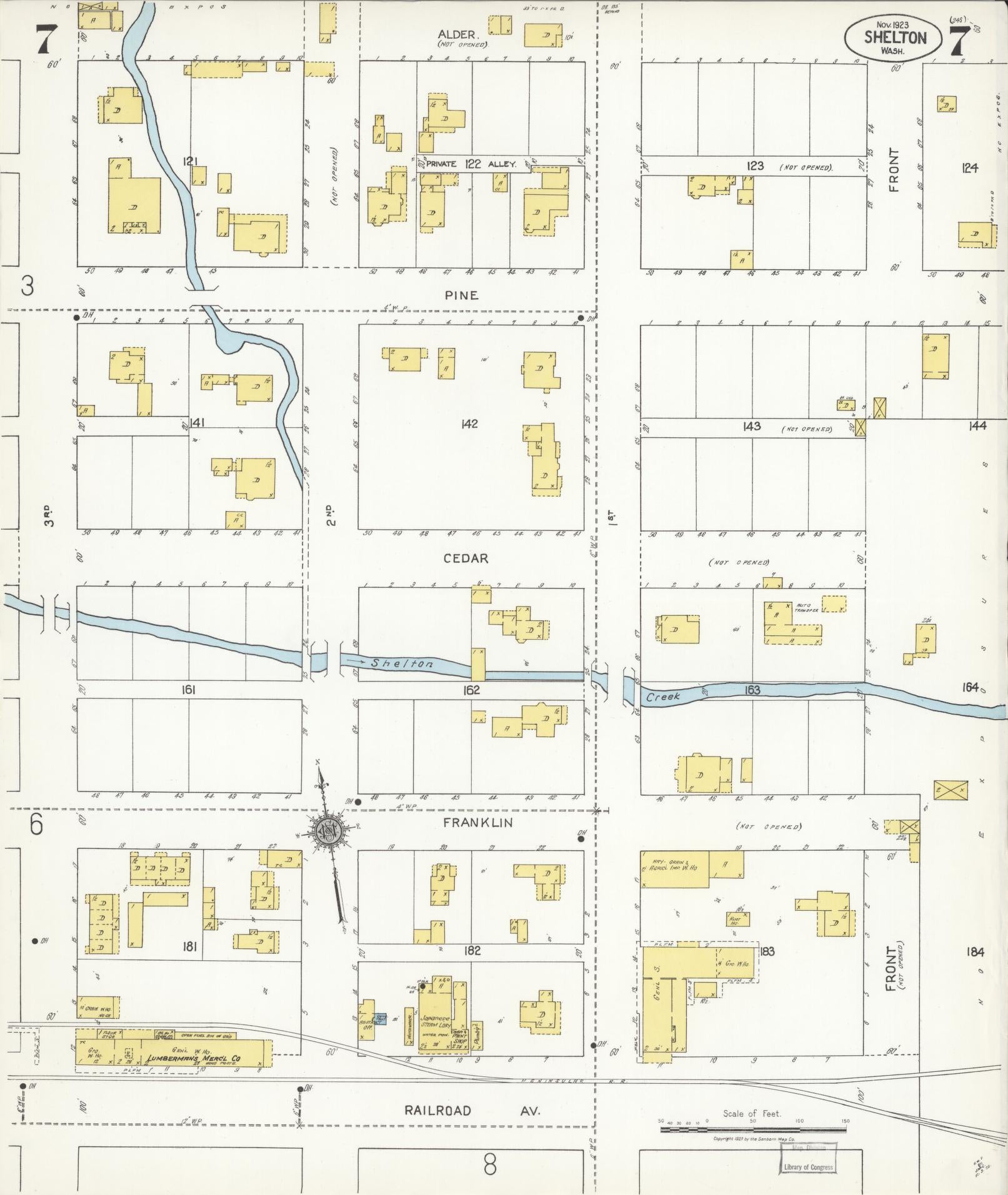 Sanborn Fire Insurance Map from Shelton, Mason County, Washington (1923), Sheet #0007 - Complete Map Set gallery image, historic Sanborn map, vintage wall art, Washington Washington
