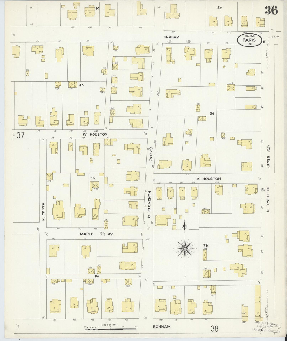 Sanborn Fire Insurance Map from Paris, Lamar County, Texas (1908), Sheet #0036 - Historic Sanborn Fire Insurance Map Print, vintage old map wall art, antique decor, genealogy gift, Texas Texas map