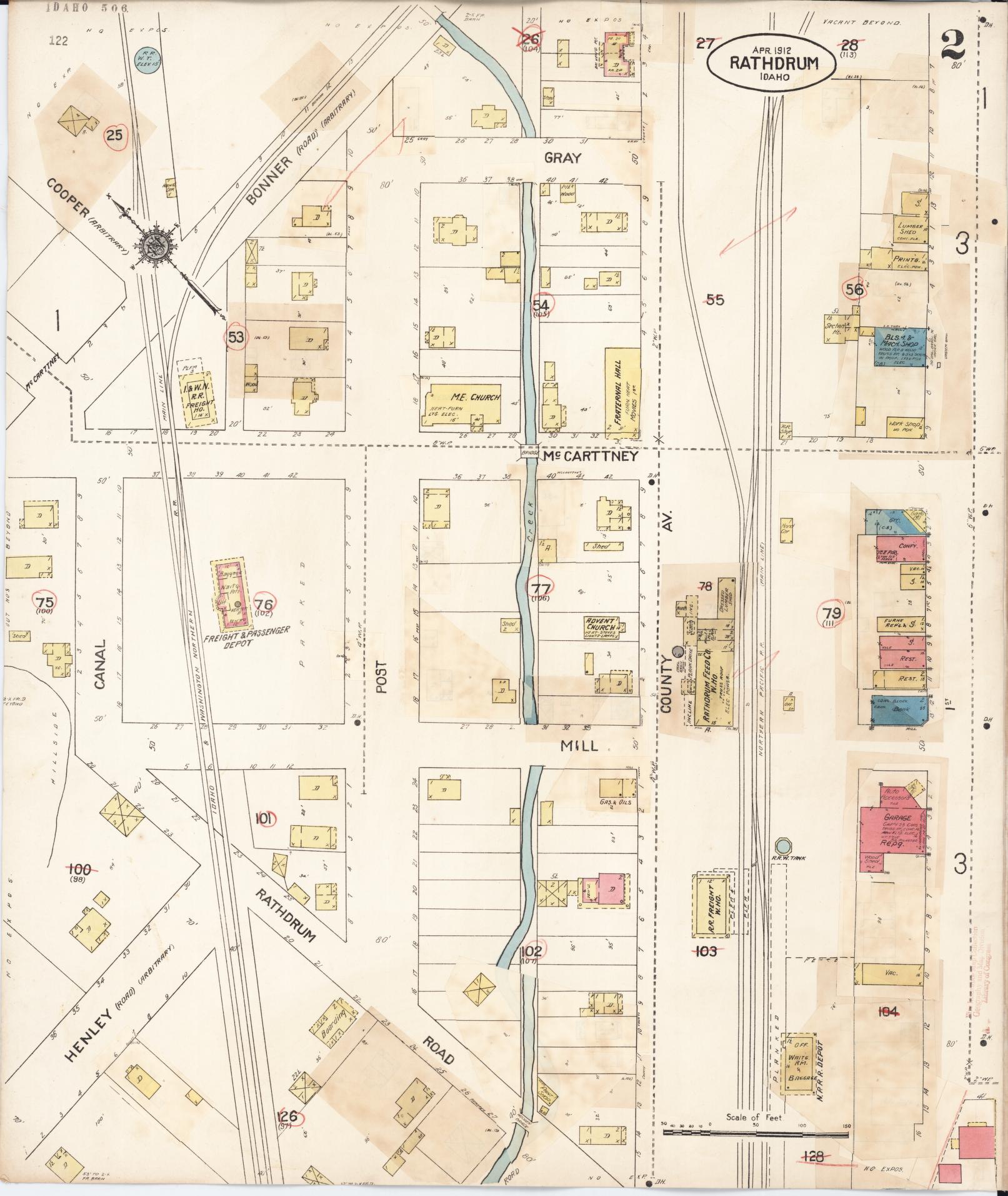 Sanborn Fire Insurance Map from Rathdrum, Kootenai County, Idaho (1932), Sheet #0002 - Historic Sanborn Fire Insurance Map Print, vintage old map wall art, antique decor, genealogy gift, Idaho Idaho map