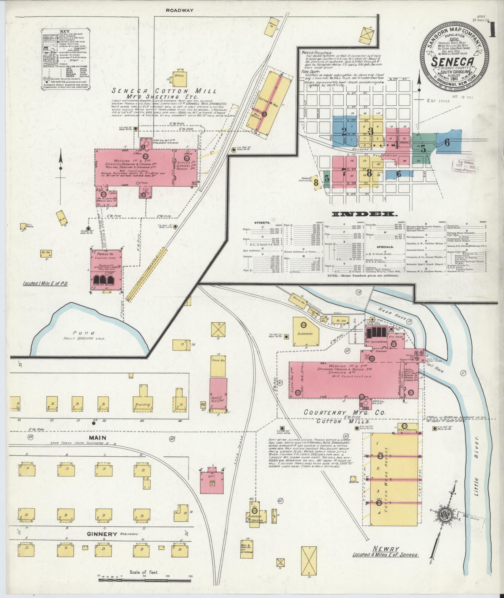 Sanborn Fire Insurance Map from Seneca, Oconee County, South Carolina (1911), Sheet #0001 - Historic Sanborn Fire Insurance Map Print, vintage old map wall art, antique decor, genealogy gift, South Carolina South Carolina map