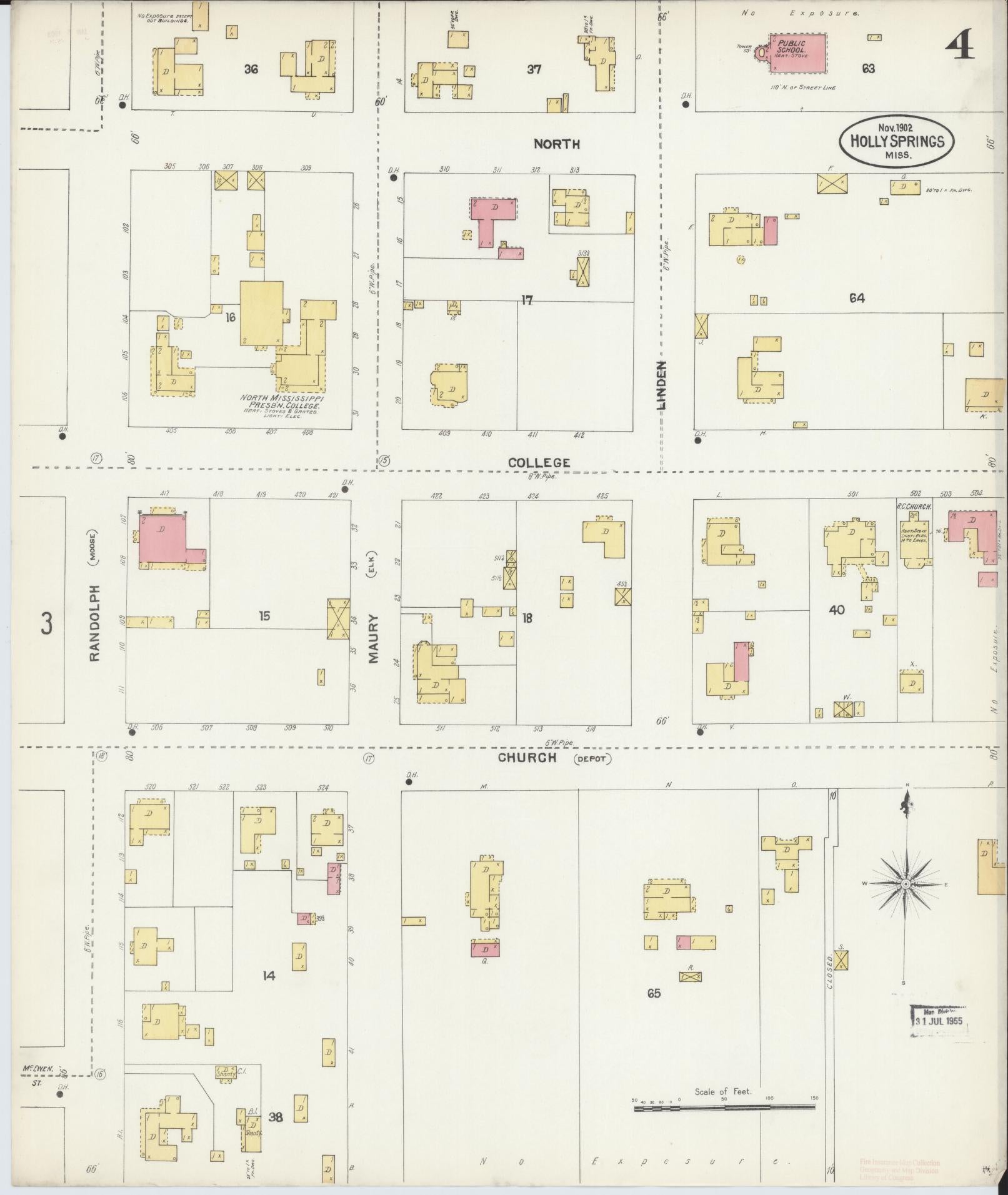 Sanborn Fire Insurance Map from Holly Springs, Marshall County, Mississippi (1902), Sheet #0004 - Historic Sanborn Fire Insurance Map Print, vintage old map wall art, antique decor, genealogy gift, Mississippi Mississippi map