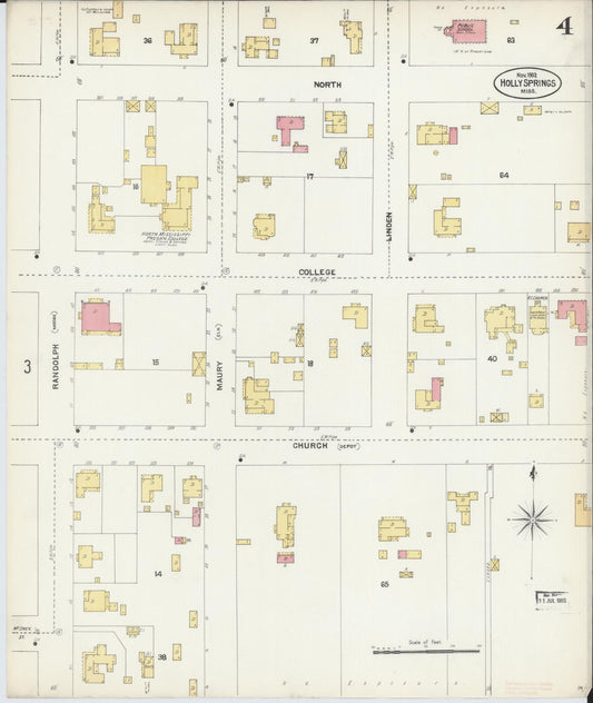 Sanborn Fire Insurance Map from Holly Springs, Marshall County, Mississippi (1902), Sheet #0004 - Historic Sanborn Fire Insurance Map Print, vintage old map wall art, antique decor, genealogy gift, Mississippi Mississippi map