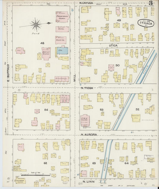 Sanborn Fire Insurance Map from Ithaca, Tompkins County, New York (1888), Sheet #0003 - Historic Sanborn Fire Insurance Map Print, vintage old map wall art, antique decor, genealogy gift, New York New York map
