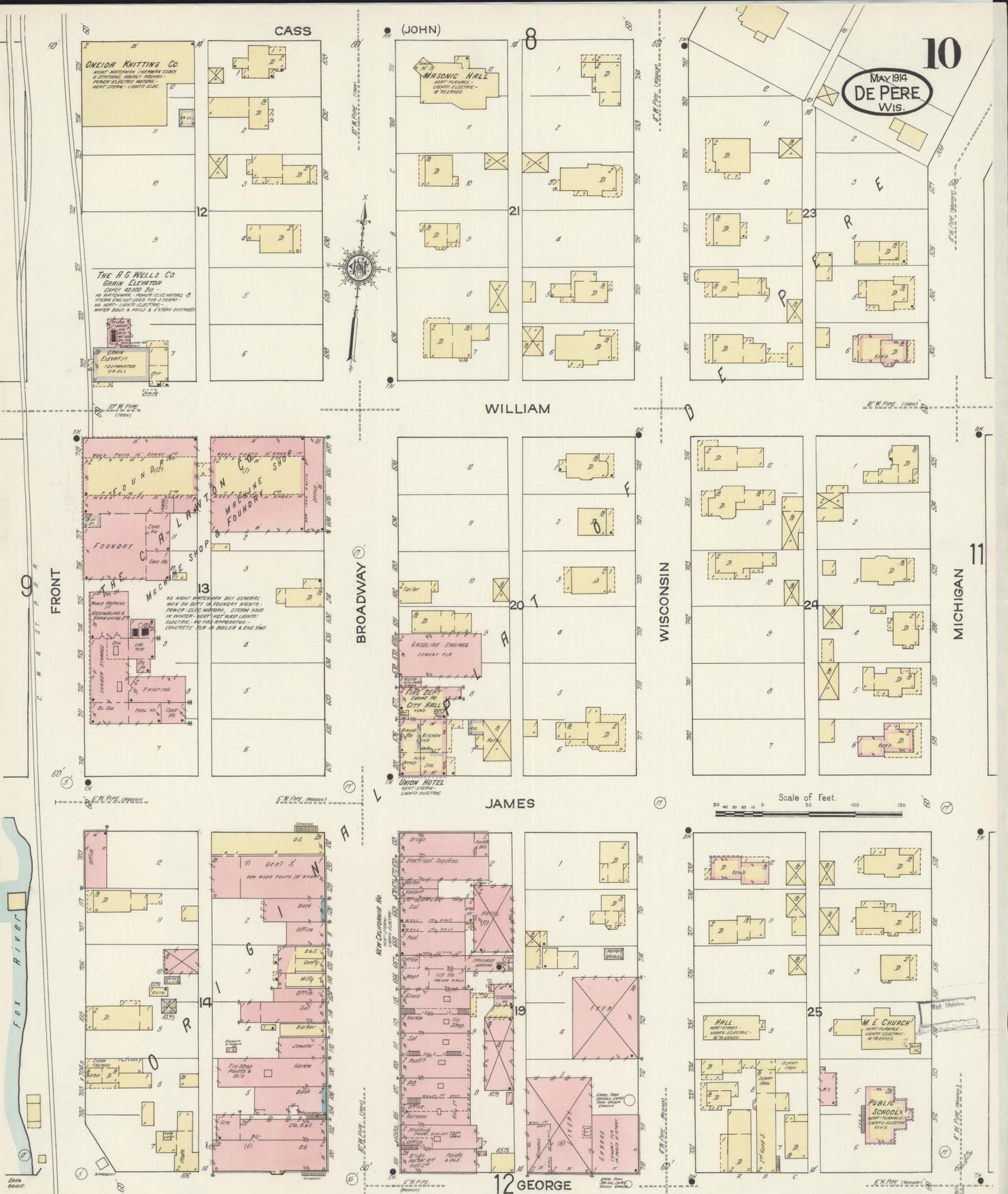 Sanborn Fire Insurance Map from De Pere, Brown County, Wisconsin (1914), Sheet #0010 - Historic Sanborn Fire Insurance Map Print, vintage old map wall art, antique decor, genealogy gift, Wisconsin Wisconsin map