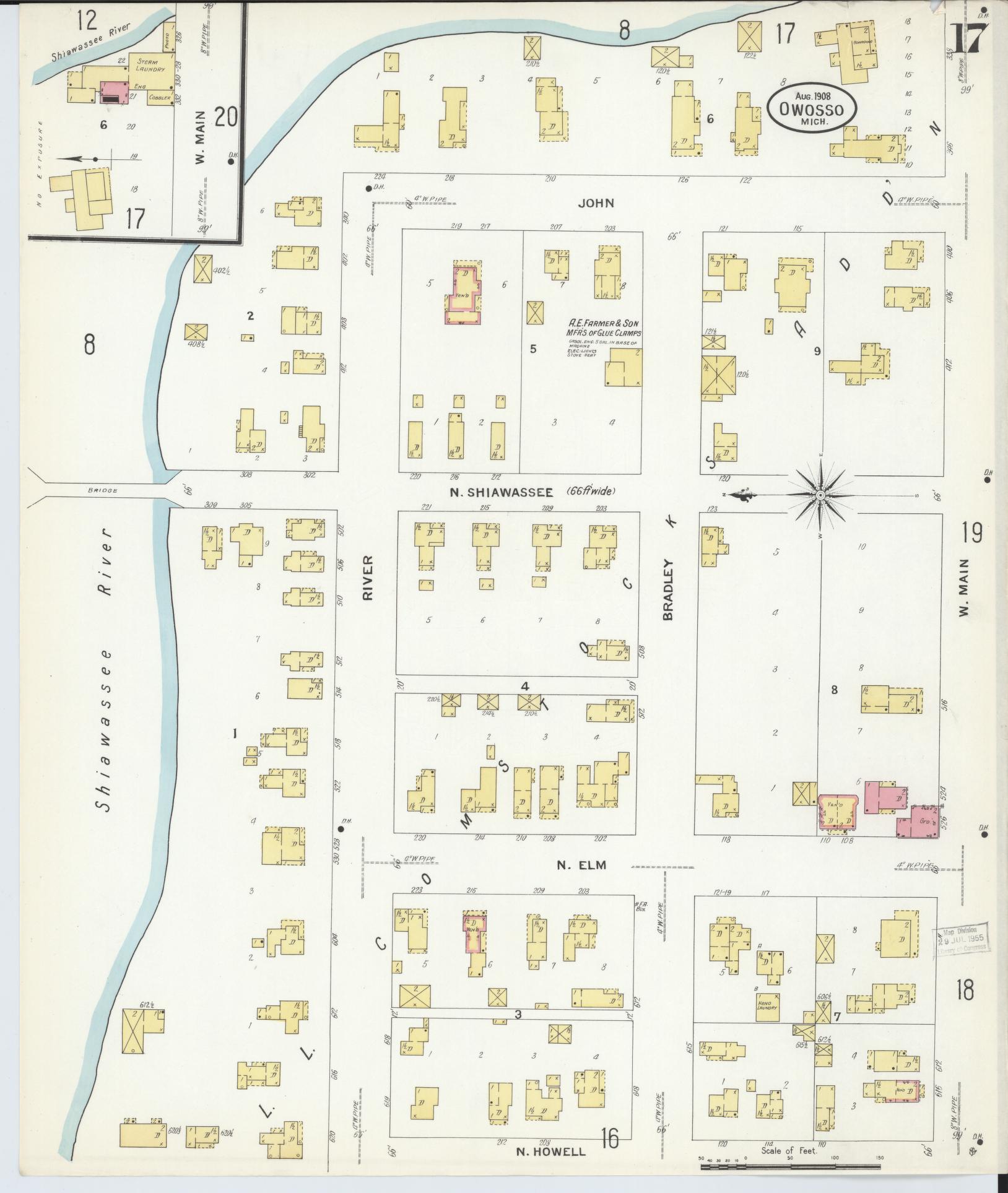 Sanborn Fire Insurance Map from Owosso, Shiawassee County, Michigan (1908), Sheet #0017 - Complete Map Set gallery image, historic Sanborn map, vintage wall art, Michigan Michigan