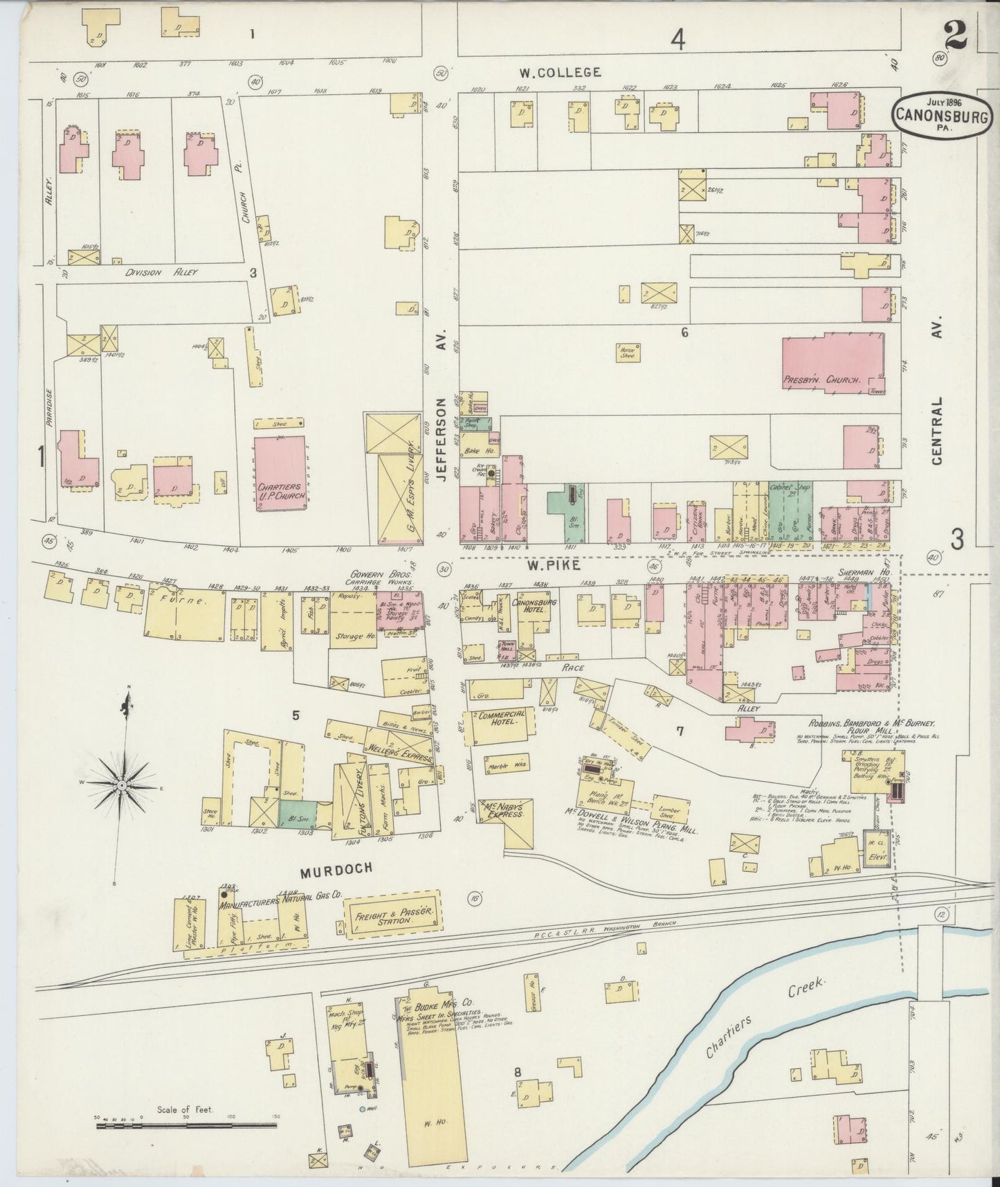 Sanborn Fire Insurance Map from Canonsburg, Washington County, Pennsylvania (1896), Sheet #0002 - Historic Sanborn Fire Insurance Map Print, vintage old map wall art, antique decor, genealogy gift, Pennsylvania Pennsylvania map
