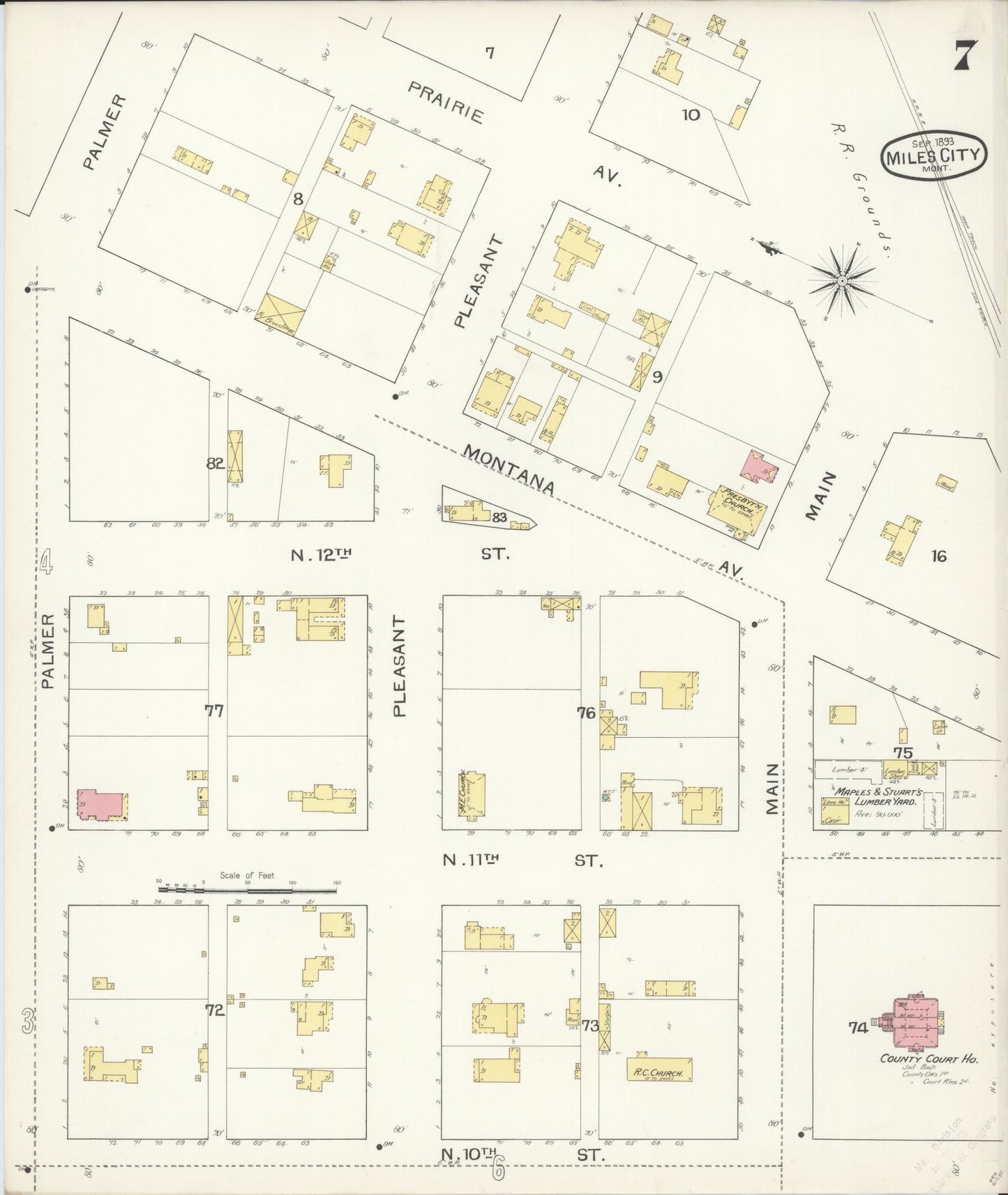Sanborn Fire Insurance Map from Miles City, Custer County, Montana (1893), Sheet #0007 - Historic Sanborn Fire Insurance Map Print, vintage old map wall art, antique decor, genealogy gift, Montana Montana map