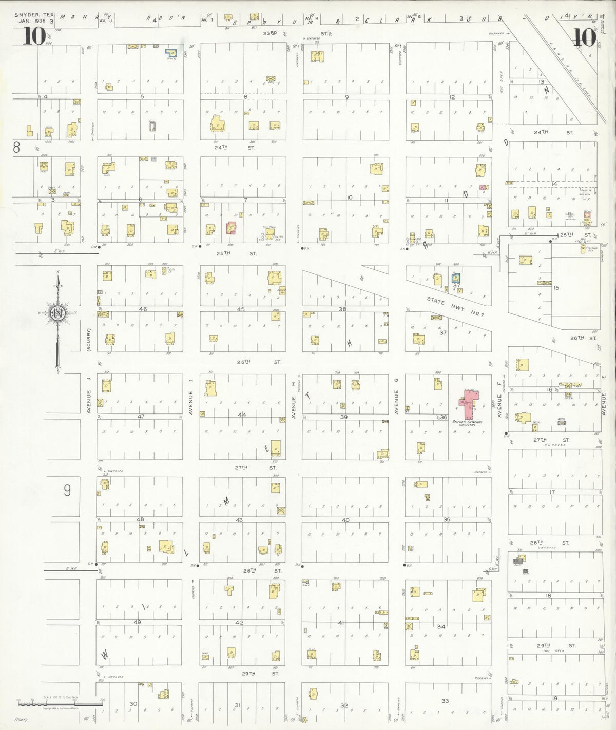 Sanborn Fire Insurance Map from Snyder, Scurry County, Texas (1936), Sheet #0010 - Complete Map Set gallery image, historic Sanborn map, vintage wall art, Texas Texas