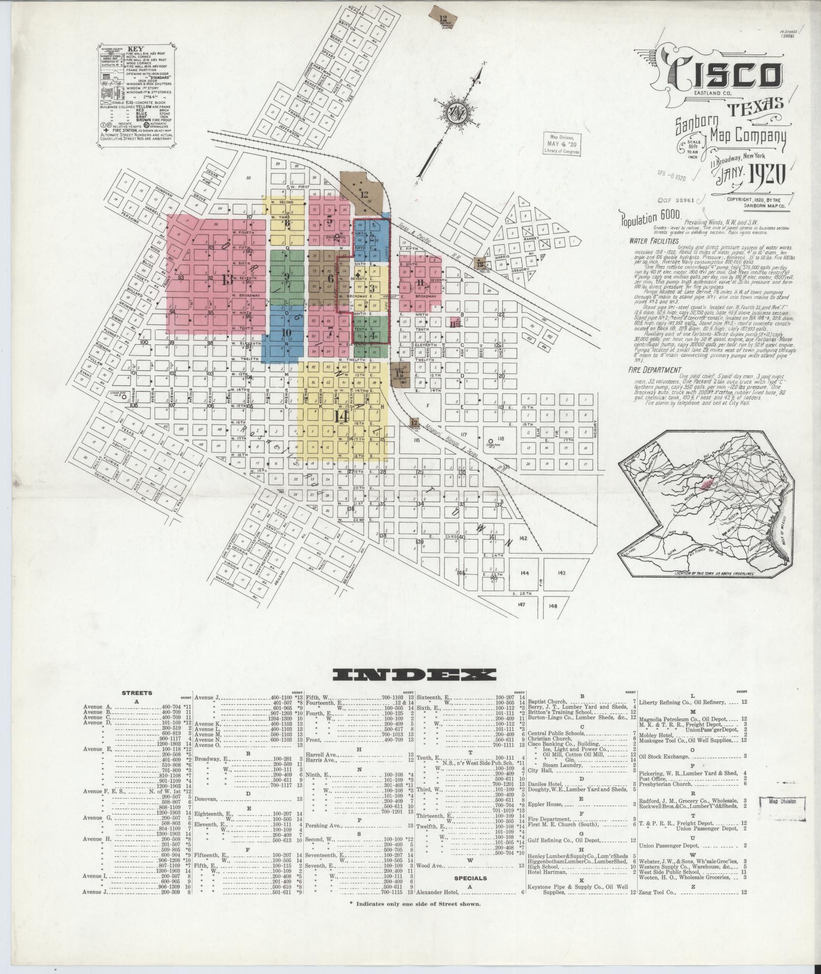 Sanborn Fire Insurance Map from Cisco, Eastland County, Texas (1920), Sheet #0001 - Complete Map Set gallery image, historic Sanborn map, vintage wall art, Texas Texas