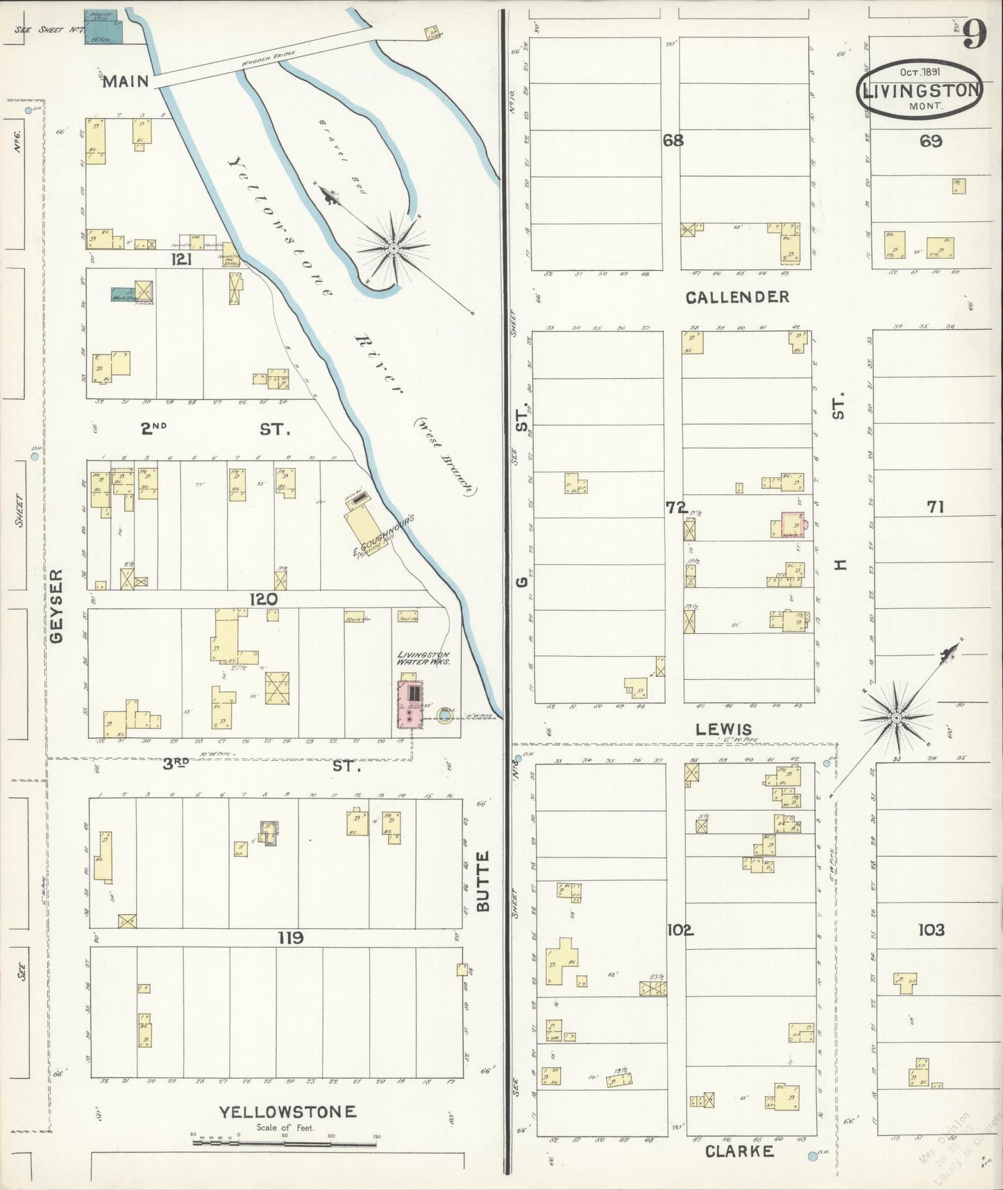 Sanborn Fire Insurance Map from Livingston, Park County, Montana (1891), Sheet #0009 - Complete Map Set gallery image, historic Sanborn map, vintage wall art, Montana Montana
