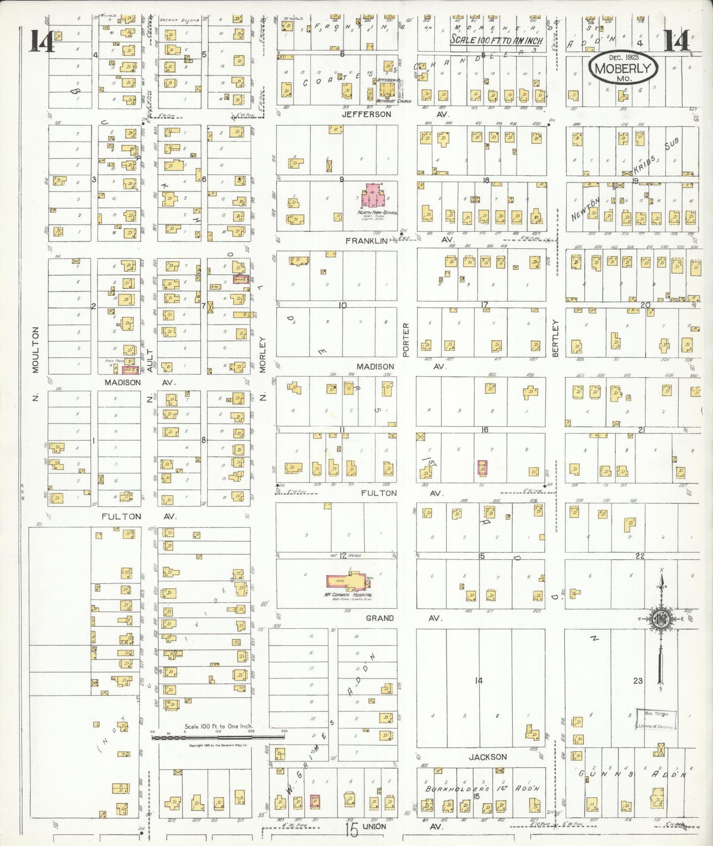 Sanborn Fire Insurance Map from Moberly, Randolph County, Missouri (1923), Sheet #0014 - Historic Sanborn Fire Insurance Map Print, vintage old map wall art, antique decor, genealogy gift, Missouri Missouri map