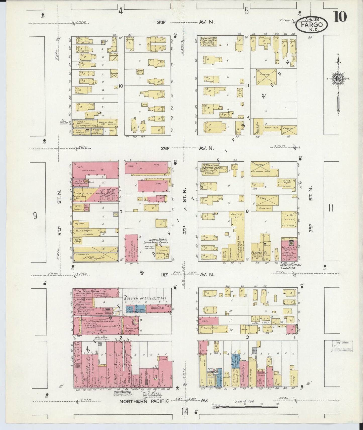 Sanborn Fire Insurance Map from Fargo, Cass County, North Dakota (1916), Sheet #0010 - Historic Sanborn Fire Insurance Map Print, vintage old map wall art, antique decor, genealogy gift, North Dakota North Dakota map