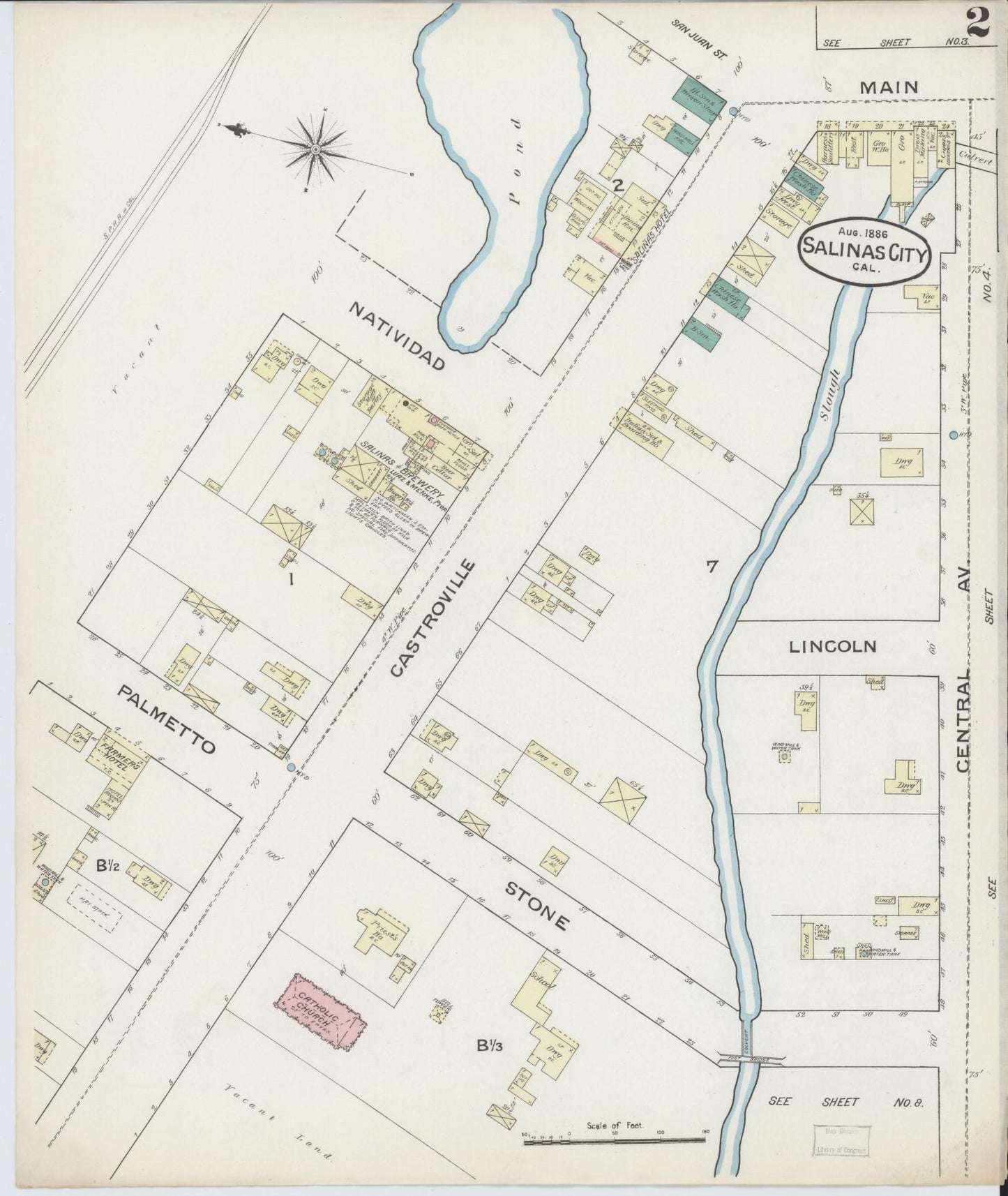 Sanborn Fire Insurance Map from Salinas, Monterey County, California (1886), Sheet #0002 - Complete Map Set gallery image, historic Sanborn map, vintage wall art, California California