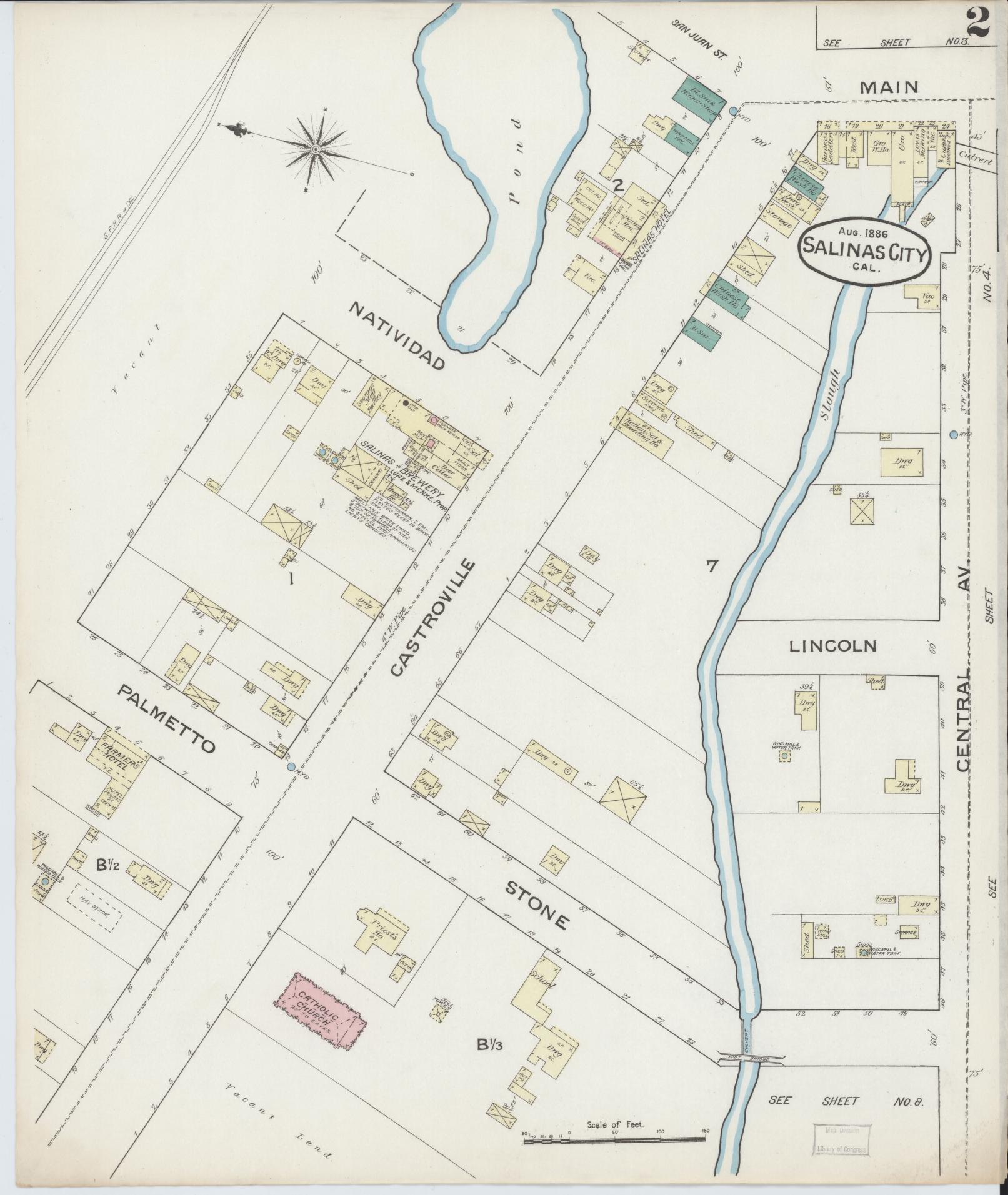 Sanborn Fire Insurance Map from Salinas, Monterey County, California (1886), Sheet #0002 - Complete Map Set gallery image, historic Sanborn map, vintage wall art, California California