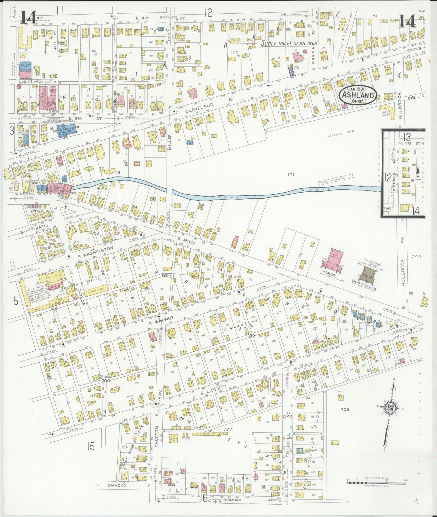 Sanborn Fire Insurance Map from Ashland, Ashland County, Ohio (1930), Sheet #0014 - Historic Sanborn Fire Insurance Map Print, vintage old map wall art, antique decor, genealogy gift, Ohio Ohio map