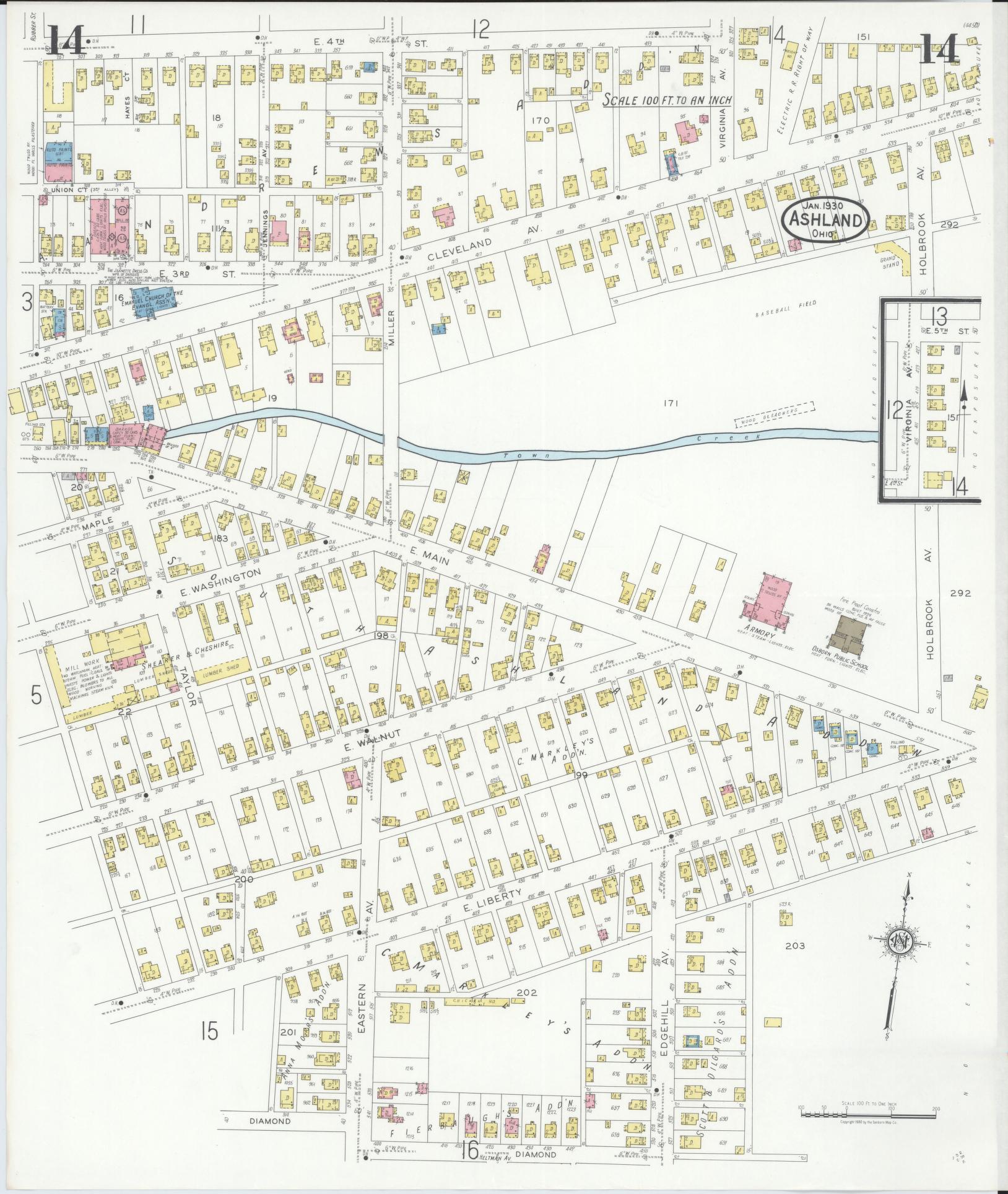 Sanborn Fire Insurance Map from Ashland, Ashland County, Ohio (1930), Sheet #0014 - Historic Sanborn Fire Insurance Map Print, vintage old map wall art, antique decor, genealogy gift, Ohio Ohio map