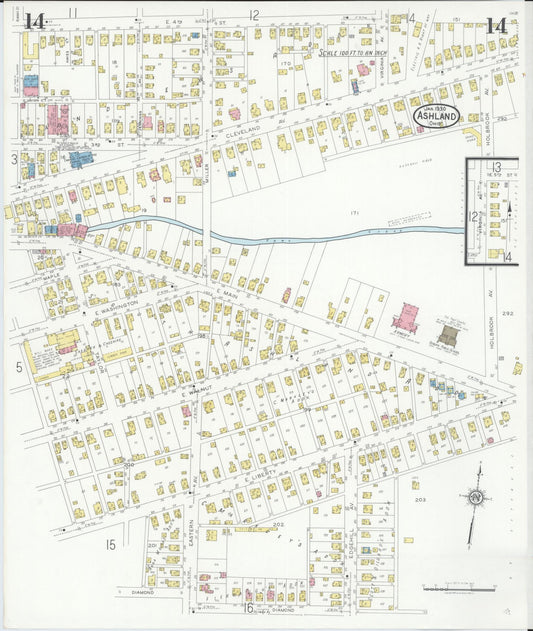 Sanborn Fire Insurance Map from Ashland, Ashland County, Ohio (1930), Sheet #0014 - Historic Sanborn Fire Insurance Map Print, vintage old map wall art, antique decor, genealogy gift, Ohio Ohio map