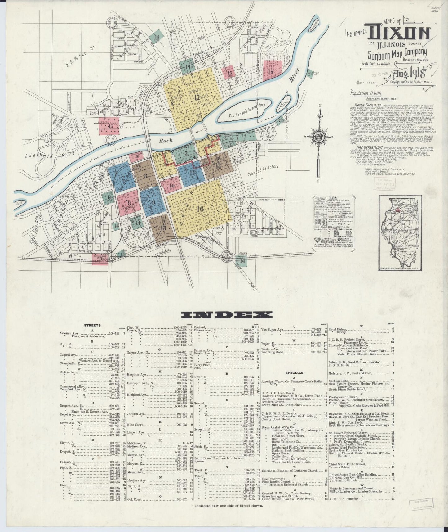 Sanborn Fire Insurance Map from Dixon, Lee County, Illinois (1918), Sheet #0001 - Complete Map Set gallery image, historic Sanborn map, vintage wall art, Illinois Illinois